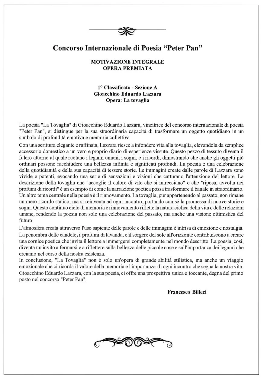 Certificato di riconoscimento per il primo premio ottenuto da Gioacchino Eduardo Lazzara nel Concorso Internazionale di Poesia Peter Pan, per l'opera La tovaglia, scritto da Francesco Billeci.
