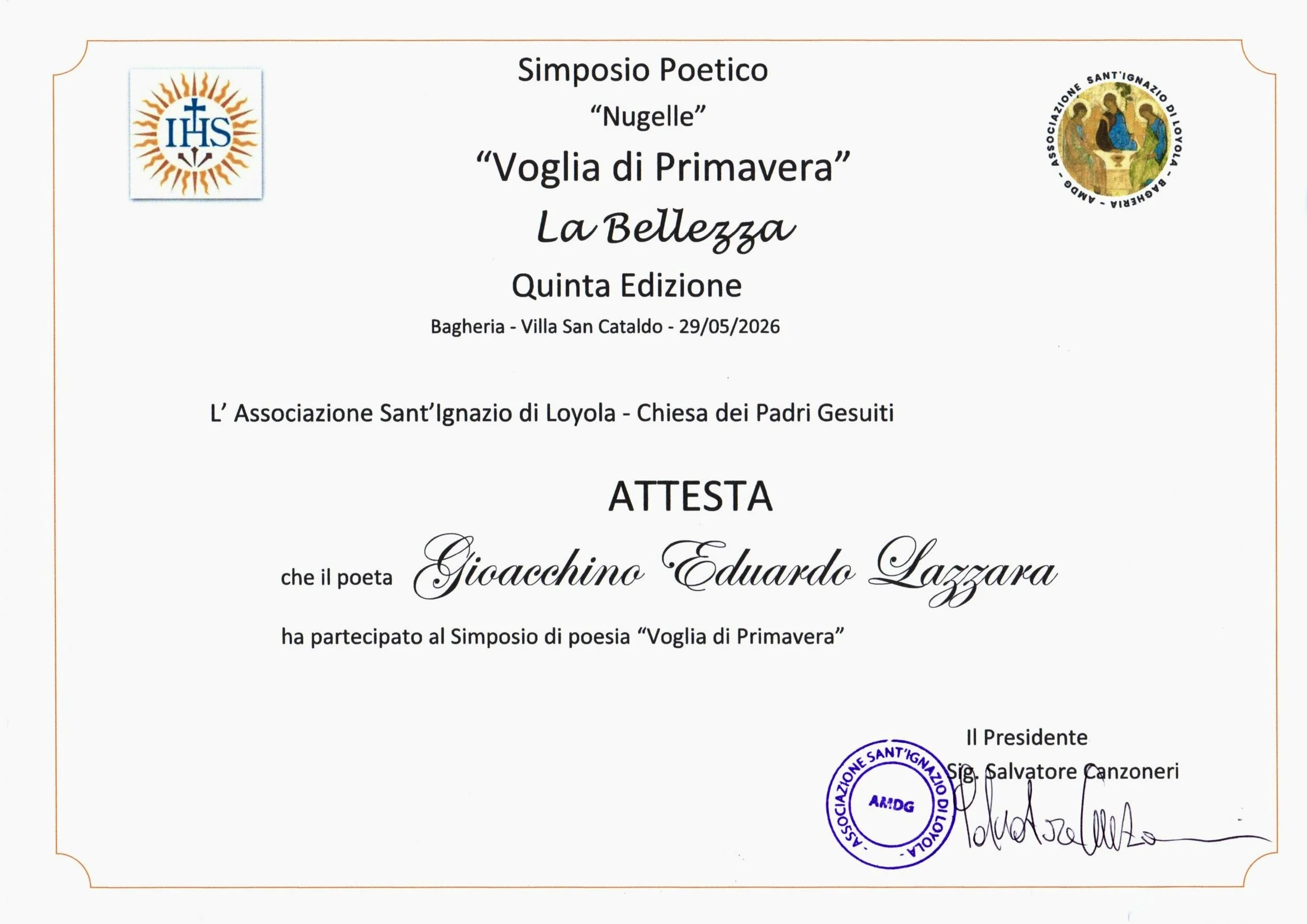 Certificato di partecipazione a un simposio poetico intitolato 'Voglia di Primavera', organizzato dall'Associazione Sant'Ignazio di Loyola, con data 29/05/2026.
