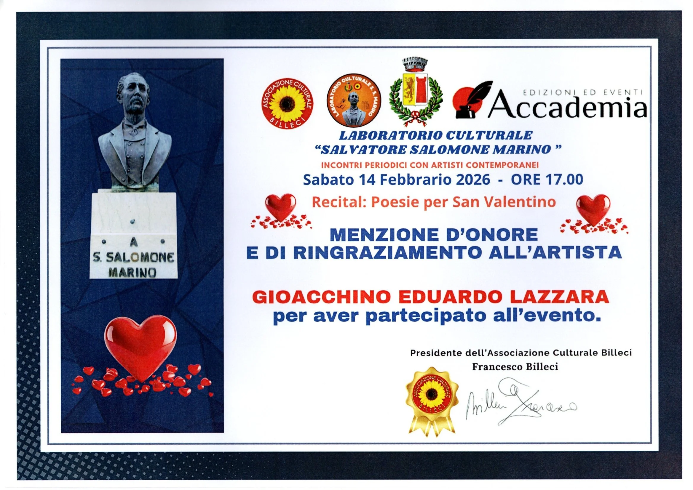 Un manifesto per un evento culturale dedicato a Salvatore Salomone Marino, con immagini di cuori e un busto dell'artista. Include anche loghi di associazioni culturali e dettagli sull'evento, come data, orario e riconoscimenti all'artista.