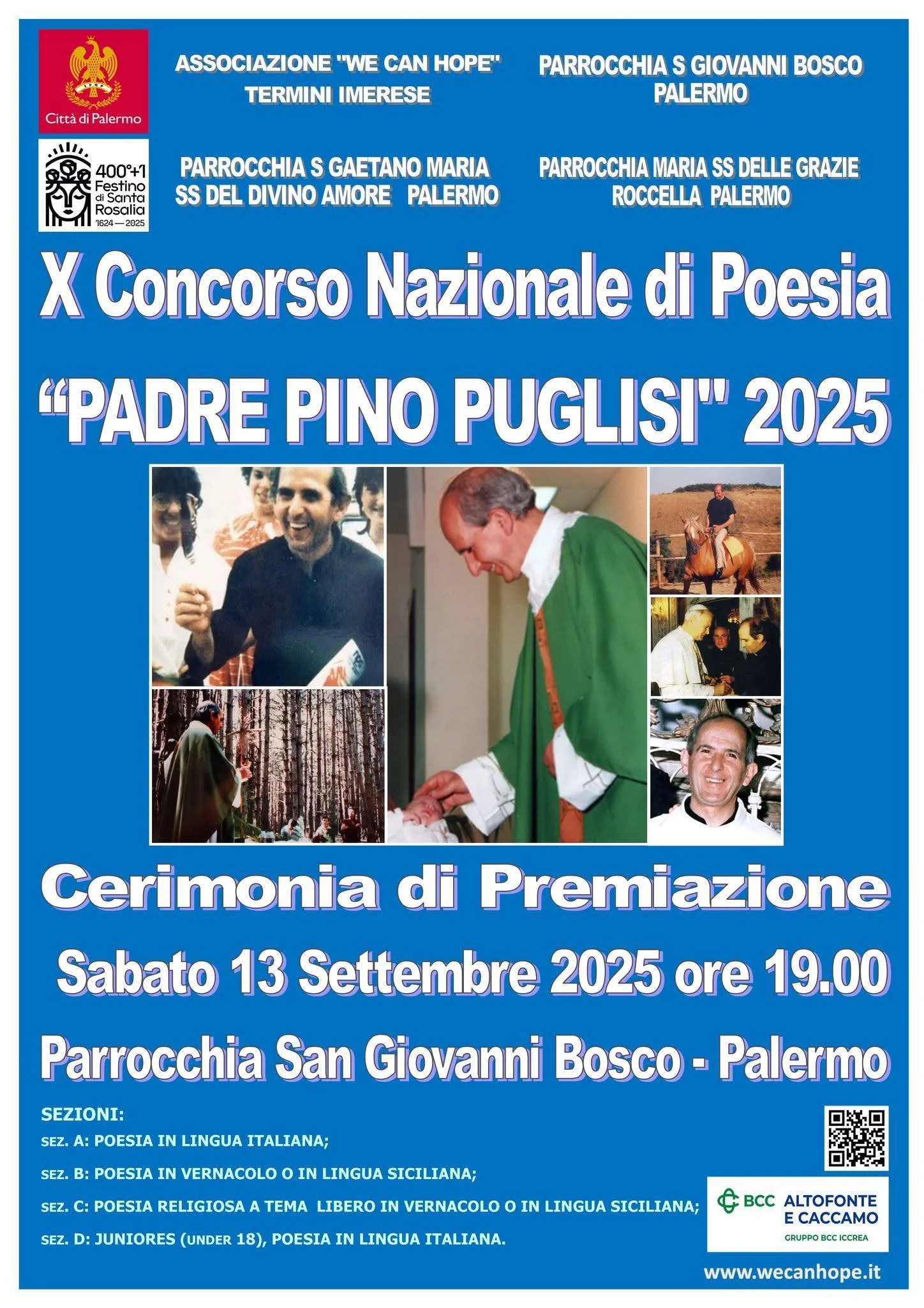 Poster blu con testo e immagini, pubblicizza un concorso di poesia intitolato "Padre Pino Puglisi" 2025, con dettagli sulla cerimonia di premiazione il 13 settembre 2025, alle 19:00, e informazioni sugli organi organizzatori e sezioni del concorso.