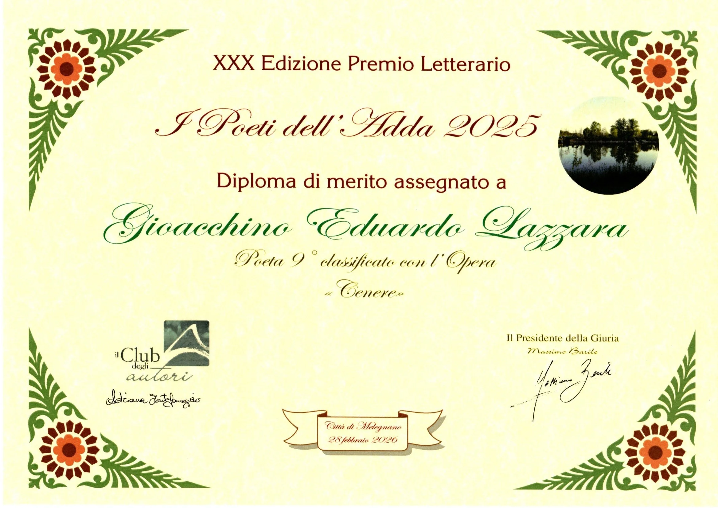 Diploma di merito assegnato a Gioacchino Eduardo Lazzara per il XXX Edizione Premio Letterario I Poeti dell' Ada 2025, con firma e dettagli del premio e data, marzo 2026.