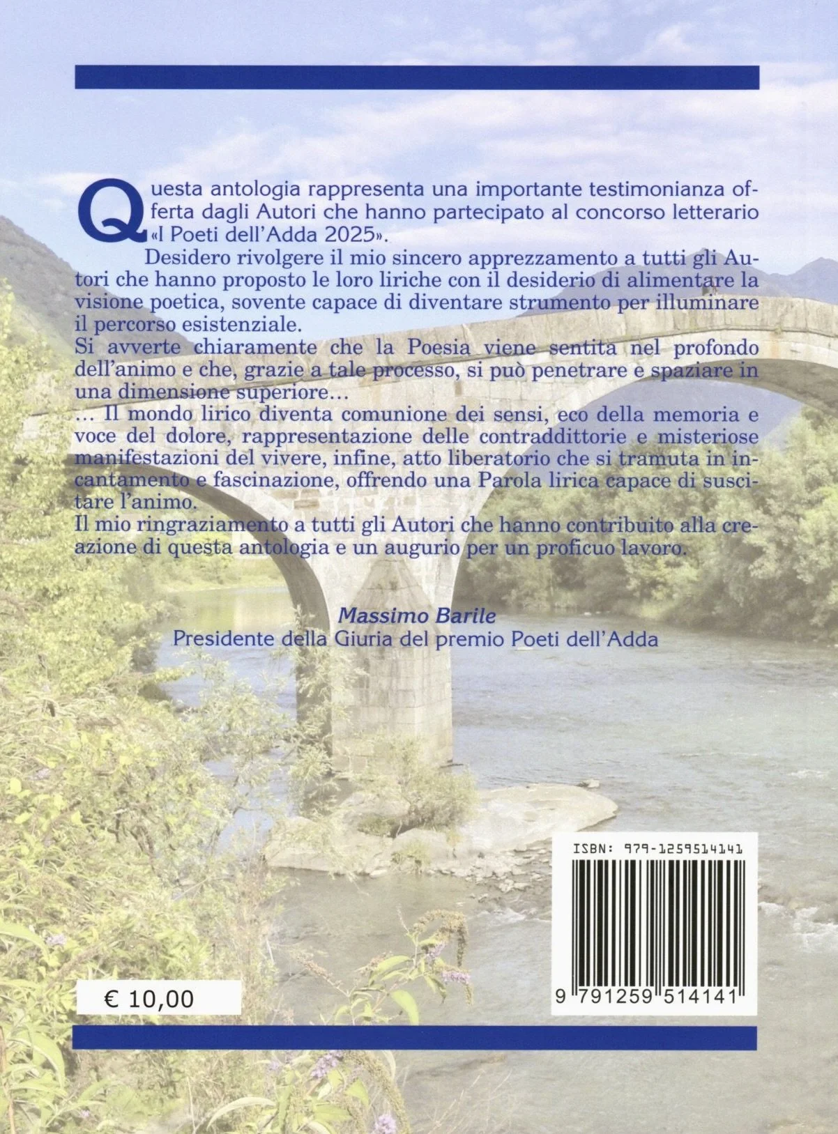 Testo di ringraziamento e apprezzamento di Massimo Barile agli autori di una raccolta di poesie, con un'immagine di un ponte su un fiume sullo sfondo.
