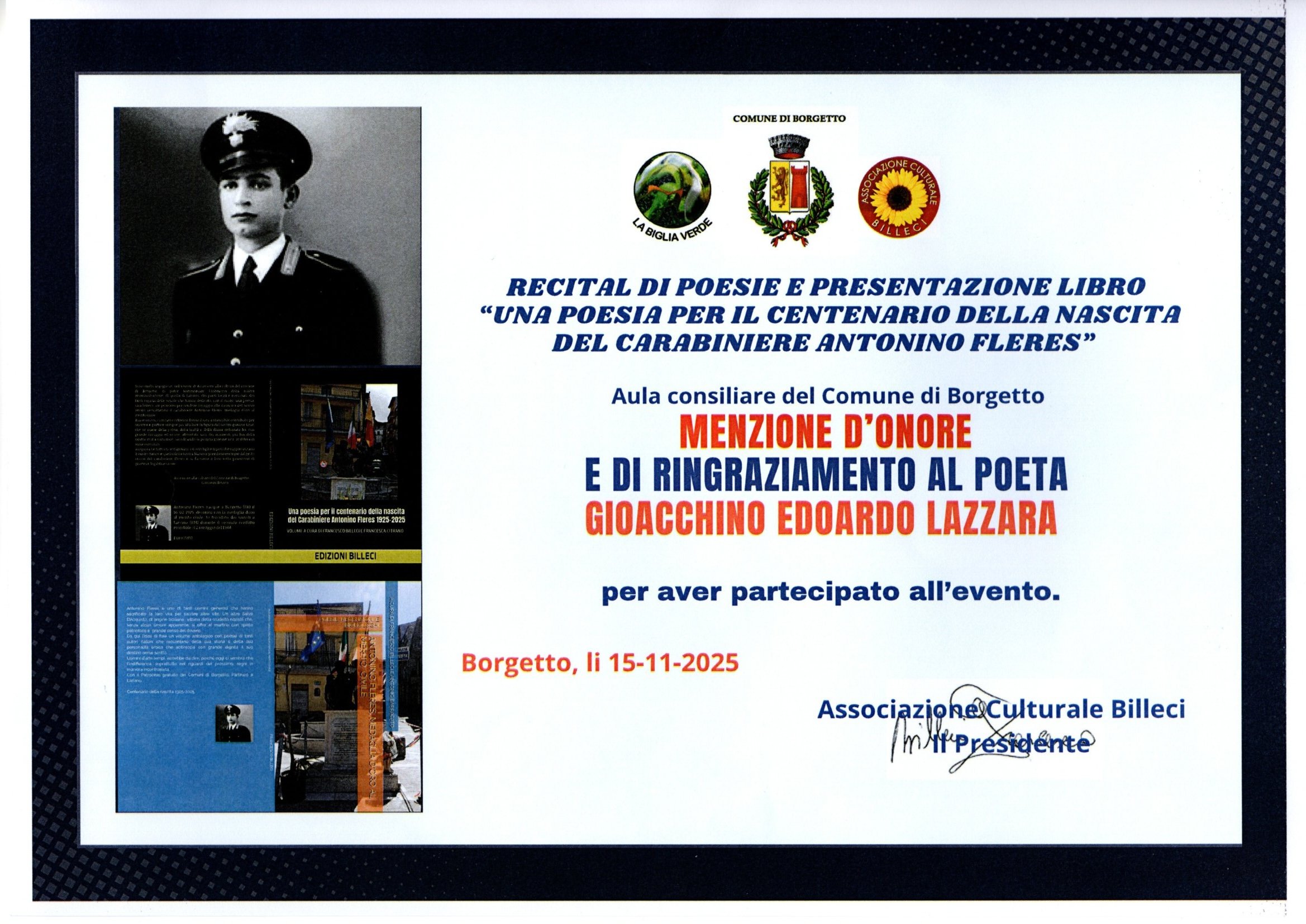 Volantino di un evento culturale del Comune di Borgetto con premi e riconoscimenti, dedicato al poeta Gioacchino Edoardo Lazzara, che si svolgerà il 15 novembre 2025.
