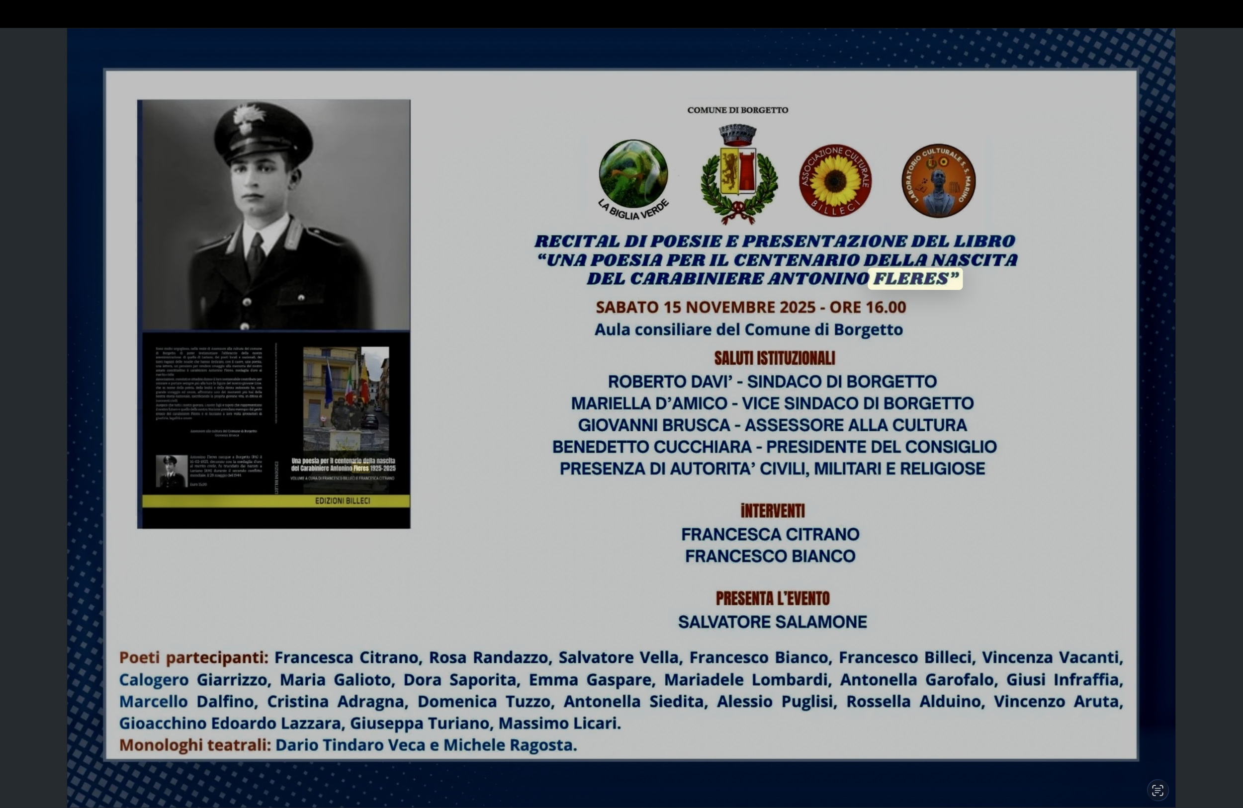 Locandina evento culturale con foto in bianco e nero di un ragazzo in uniforme, loghi degli organizzatori, e testo in italiano che promuove un recital di poesie e presentazione del libro 'Una poesia per il centenario della nascita del Carabiniere Ant
