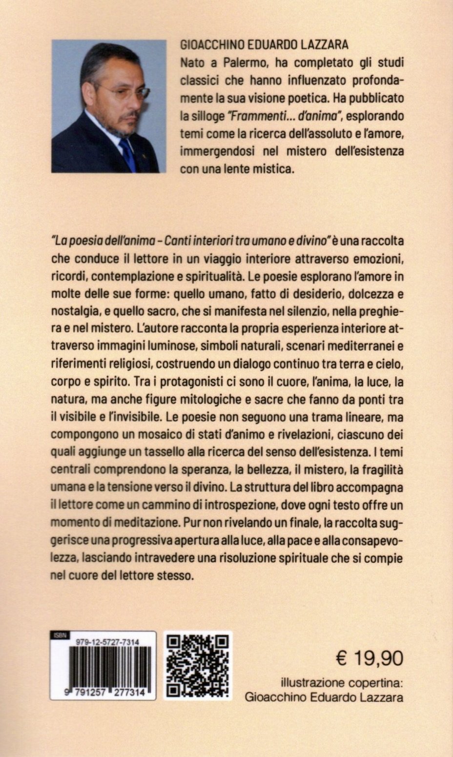 Retro di una copertina di libro che mostra una foto dell'autore Gioacchino Eduardo Lazzara e una descrizione del suo lavoro e delle tematiche trattate nel libro, con un prezzo di 19,90 euro.