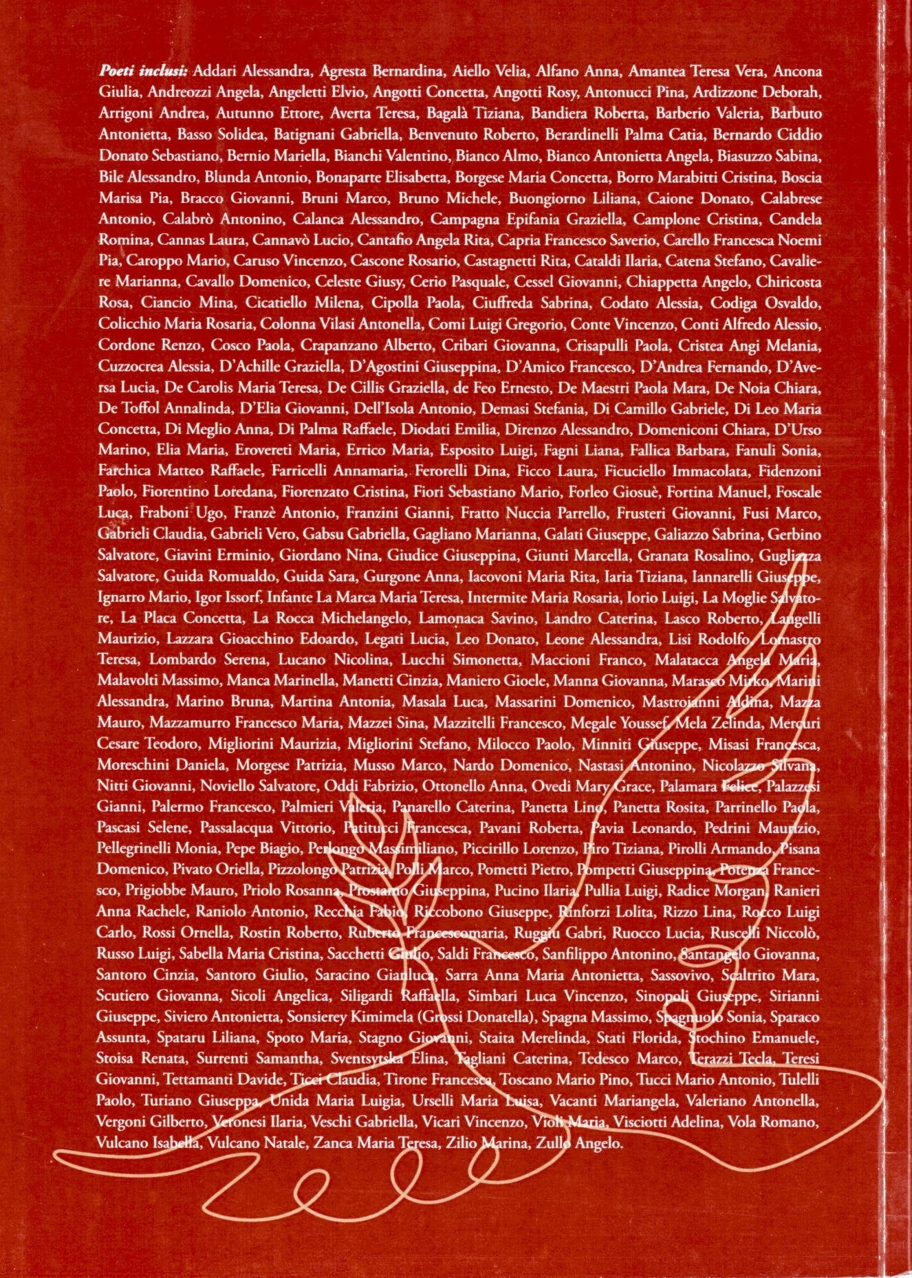 Pagina di un elenco di nomi, probabilmente un elenco di poeti, su uno sfondo rosso con decorazioni in bianco in basso.