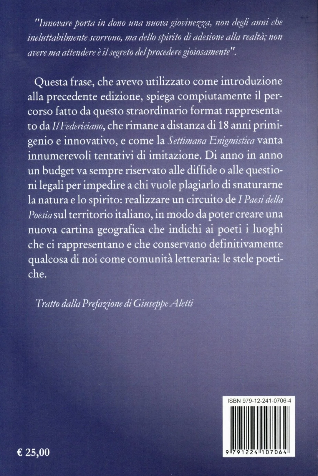 Un libro con pagina di testo in italiano, inclusa una citazione e una descrizione di un percorso letterario, con il prezzo di 25 euro e un codice a barre in basso a destra.