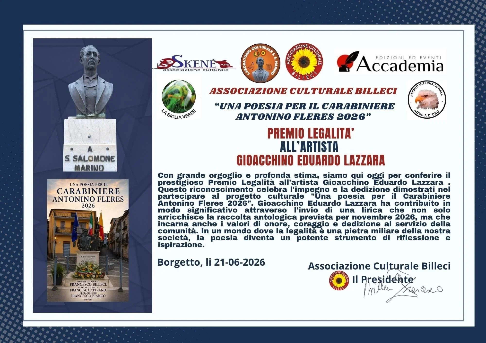 Un poster che celebra un premio a Gioacchino Eduardo Lazzara, con un busto di Salomone Marino e un'immagine di un monumento pubblico. Include vari loghi di associazioni culturali, e testo in italiano che descrive l'evento e i luoghi.