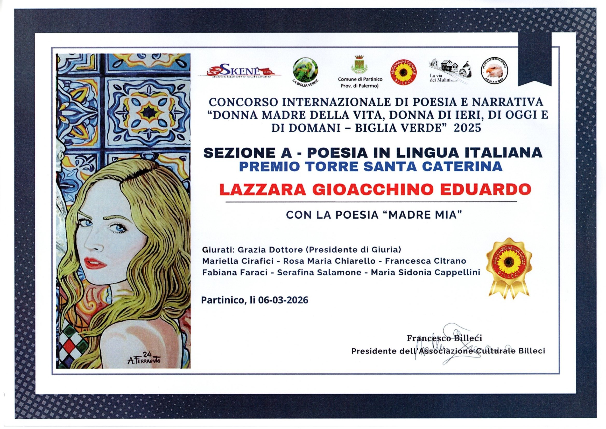 Certificato di partecipazione a un concorso di poesia con decorazioni colorate e testo scritto in italiano.