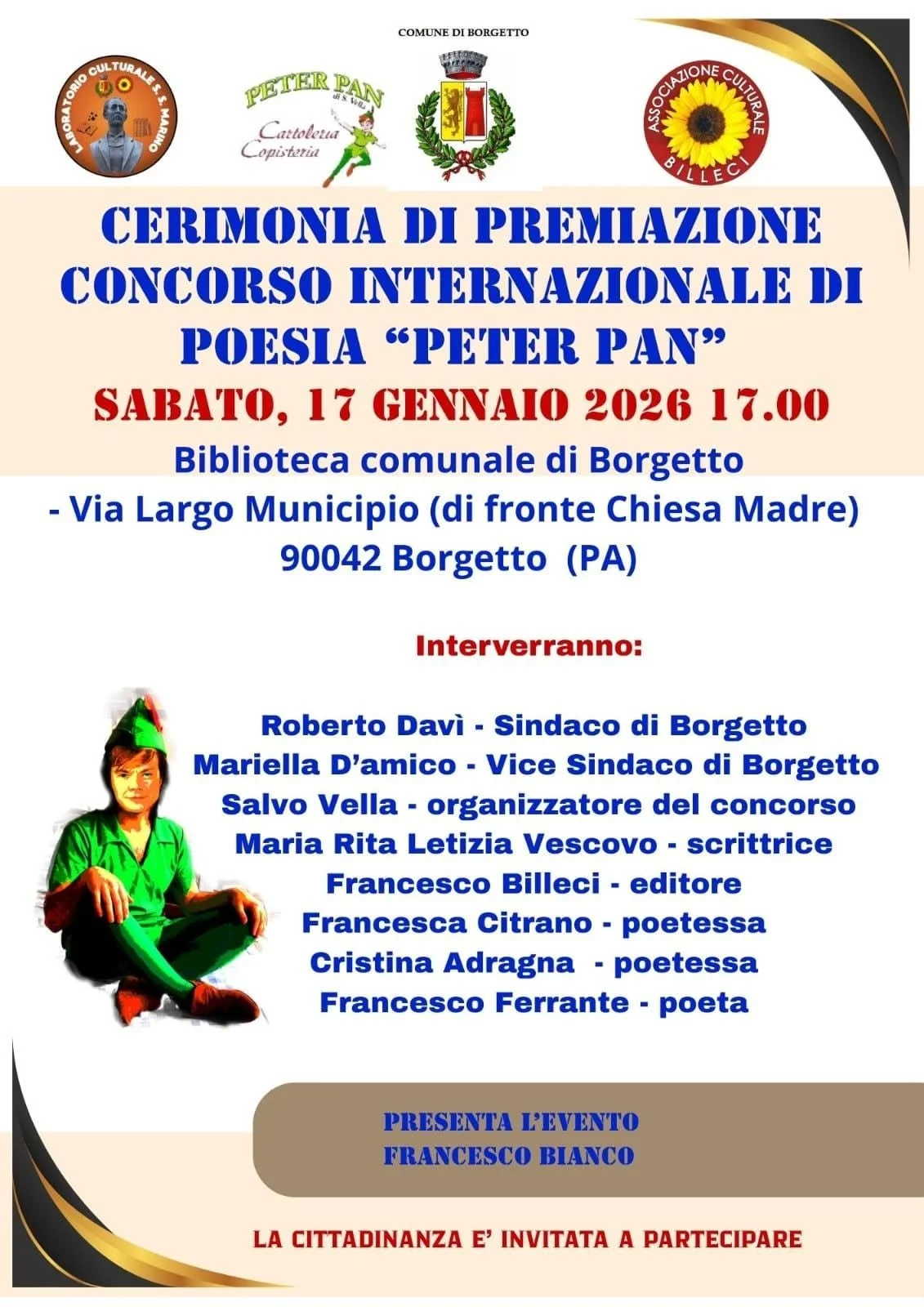 Volantino pubblico per una cerimonia di premiazione del concorso di poesia 'Peter Pan', che si svolgerà Sabato 17 gennaio 2026 alle 17:00 presso la Biblioteca Comunale di Borgetto, con inclusione di loghi di organizzazioni e un'illustrazione di un ra