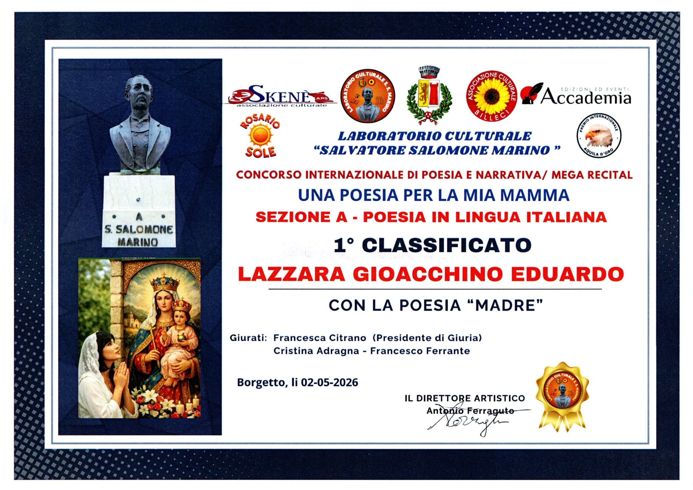 Locandina di un concorso internazionale di poesia e narrativa intitolato 'Una poesia per la mia mamma', organizzato dal Laboratorio Culturale 'Salvatore Salomone Marino'. La locandina include immagini di una statua, un quadro religioso, e testi con nomi e date.
