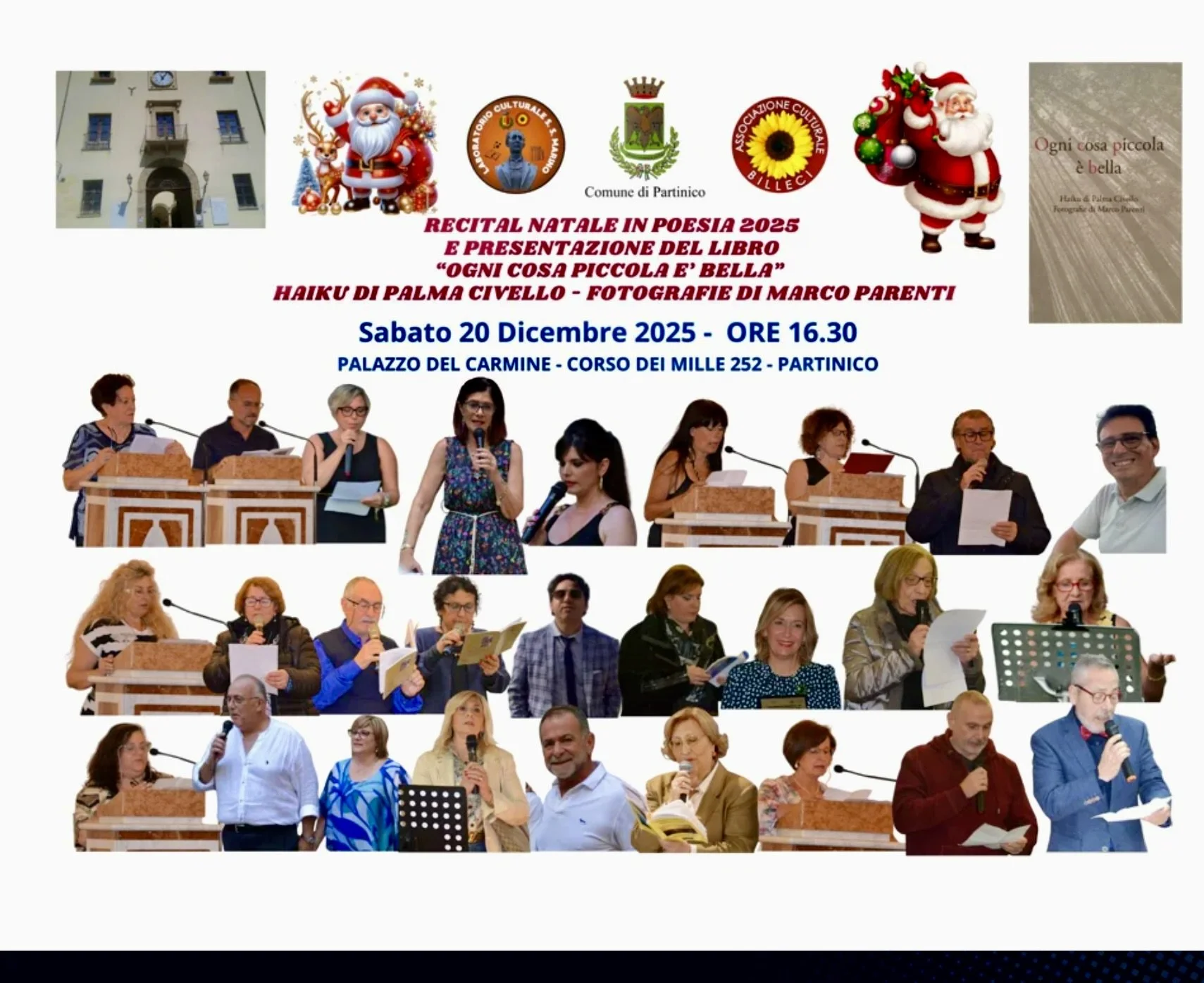 Manifesto di un evento culturale natalizio con immagini di  persone che recitano, leggono e partecipano nel contesto di una conferenza o presentazione, con simboli natalizi e logo del evento.