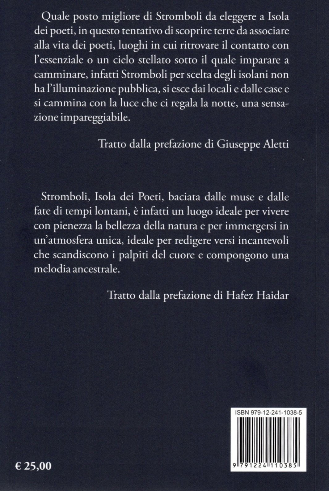 Testo sul retro di un libro con descrizione di Stromboli come isola dei poeti, inserto di citazioni di Giuseppe Aletti e Hafez Haidar, codice ISBN e prezzo € 25,00.