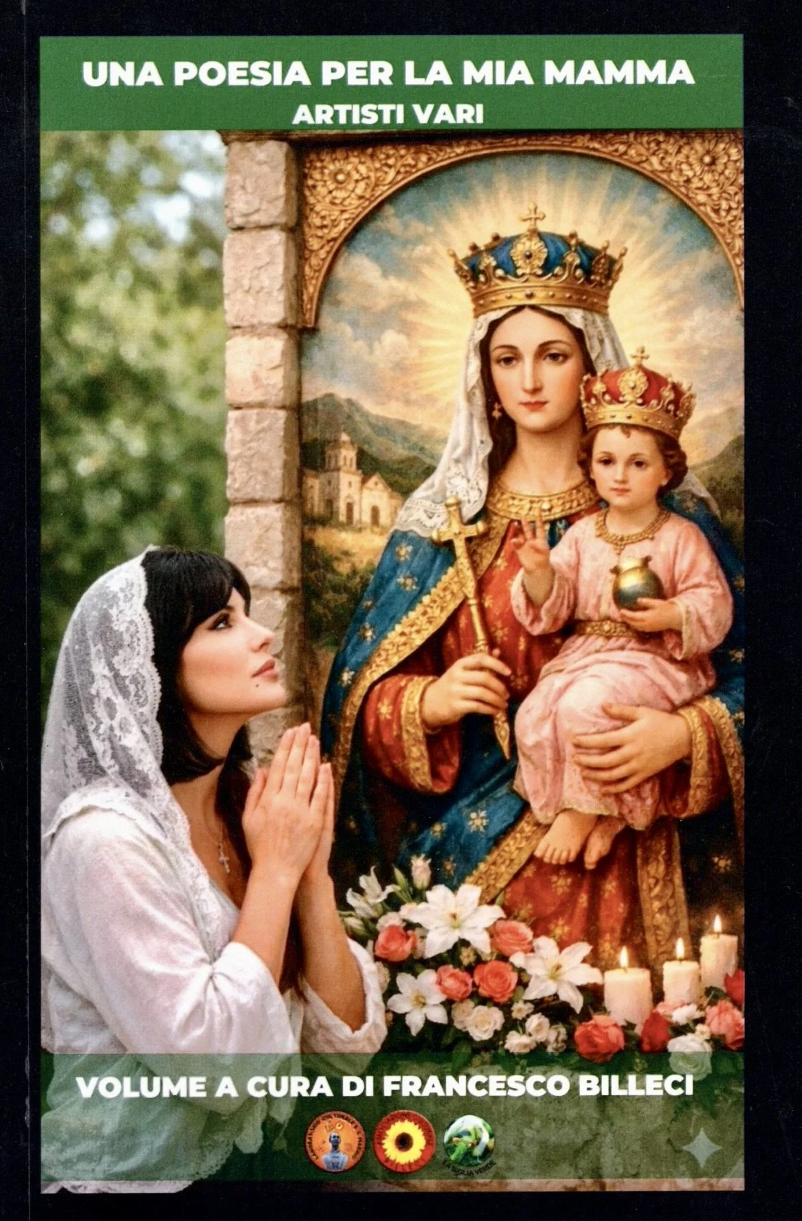 Una donna prega davanti a un quadro sacro di Maria con Gesù bambino, circondata da fiori e candele.