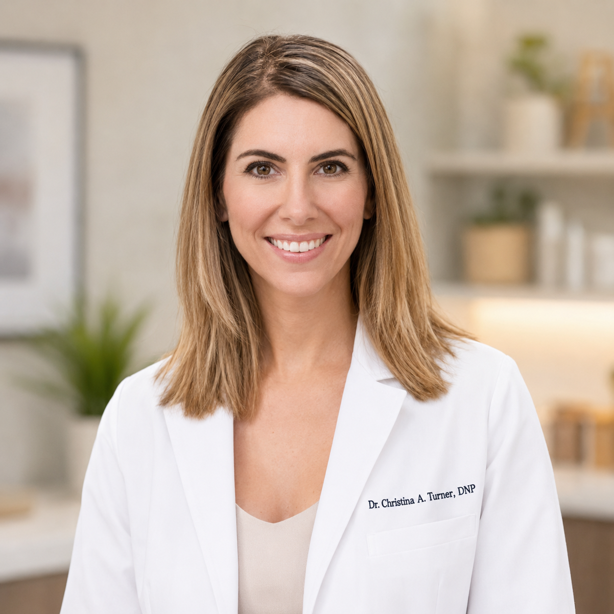 A woman with shoulder-length light brown hair smiling, wearing a white medical coat with a name tag reading Dr. Christina A. Turner, DNP, in a room with decor and potted plants.