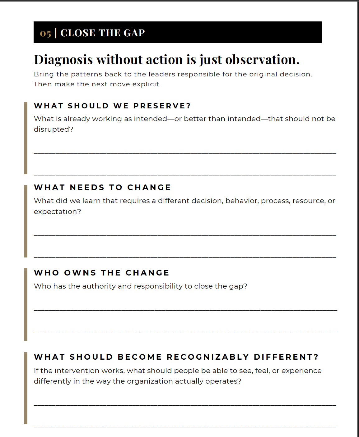 Page from a guidebook or presentation slide titled 'Close the Gap' with a section numbered 05, featuring questions for organizational analysis, including topics like preserving, changing, owning, and recognizing differences in decision-making and culture.