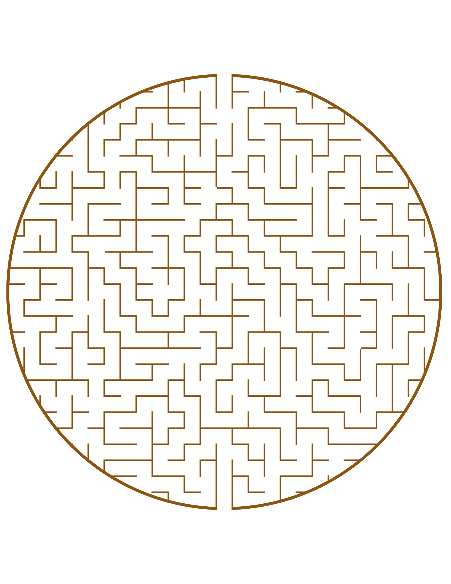 A round, orange maze with a complex, winding pattern on a black background.