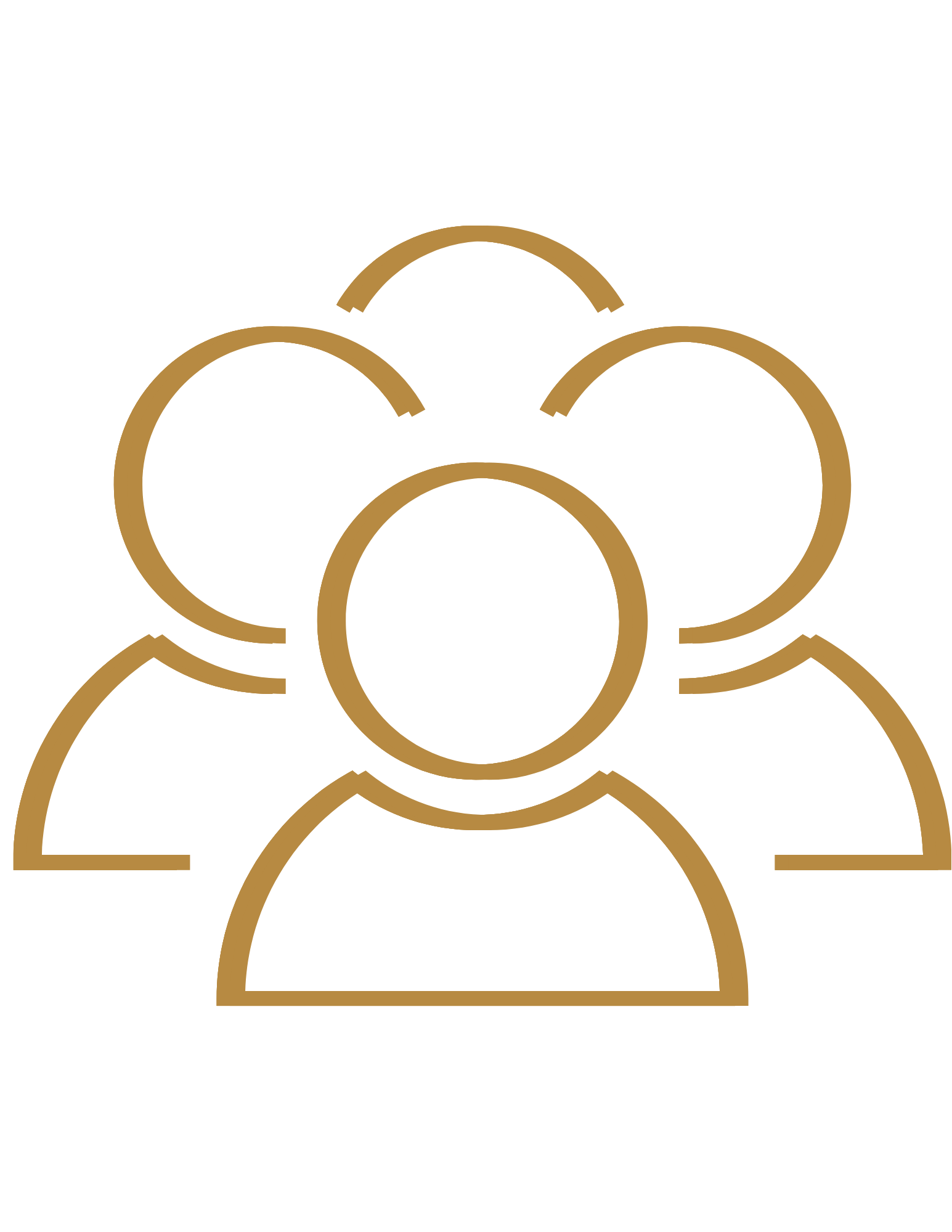 Outline drawing of a group of nine people connected together, with some overlapping and others standing apart, in a minimalistic line art style with gold color on black background.