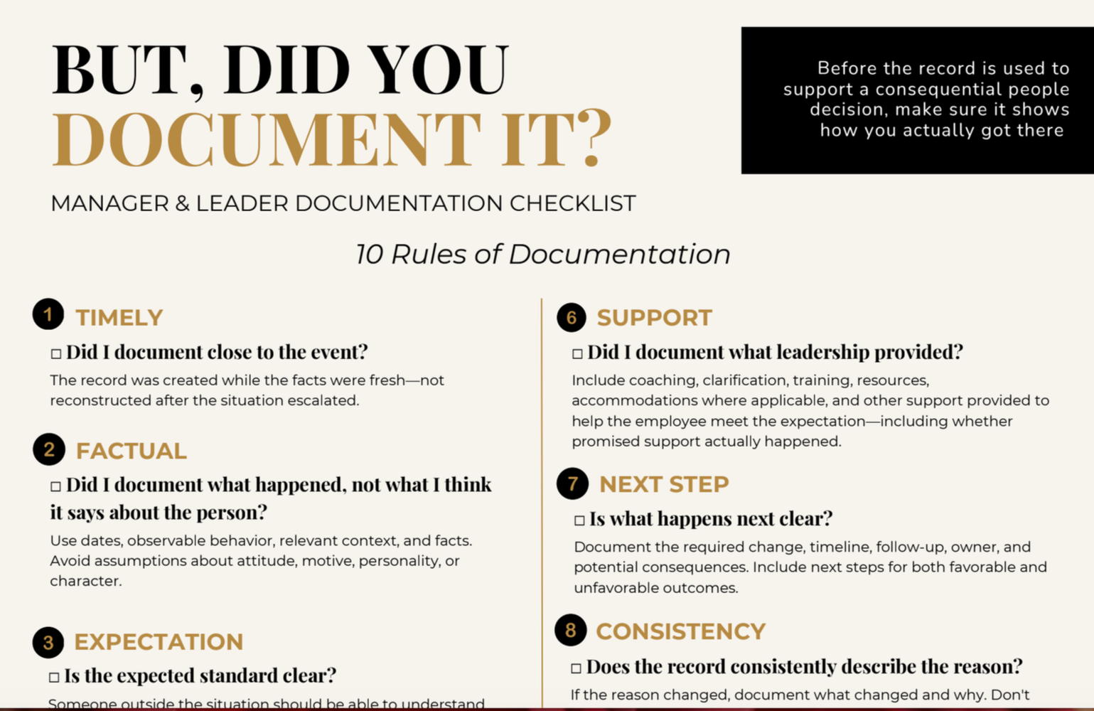 A checklist titled 'Manager & Leader Documentation Checklist' with 10 rules of documentation, including 'Timely', 'Factual', 'Expectation', 'Support', 'Next Step', and 'Consistency'. Each rule has a question and explanatory text.