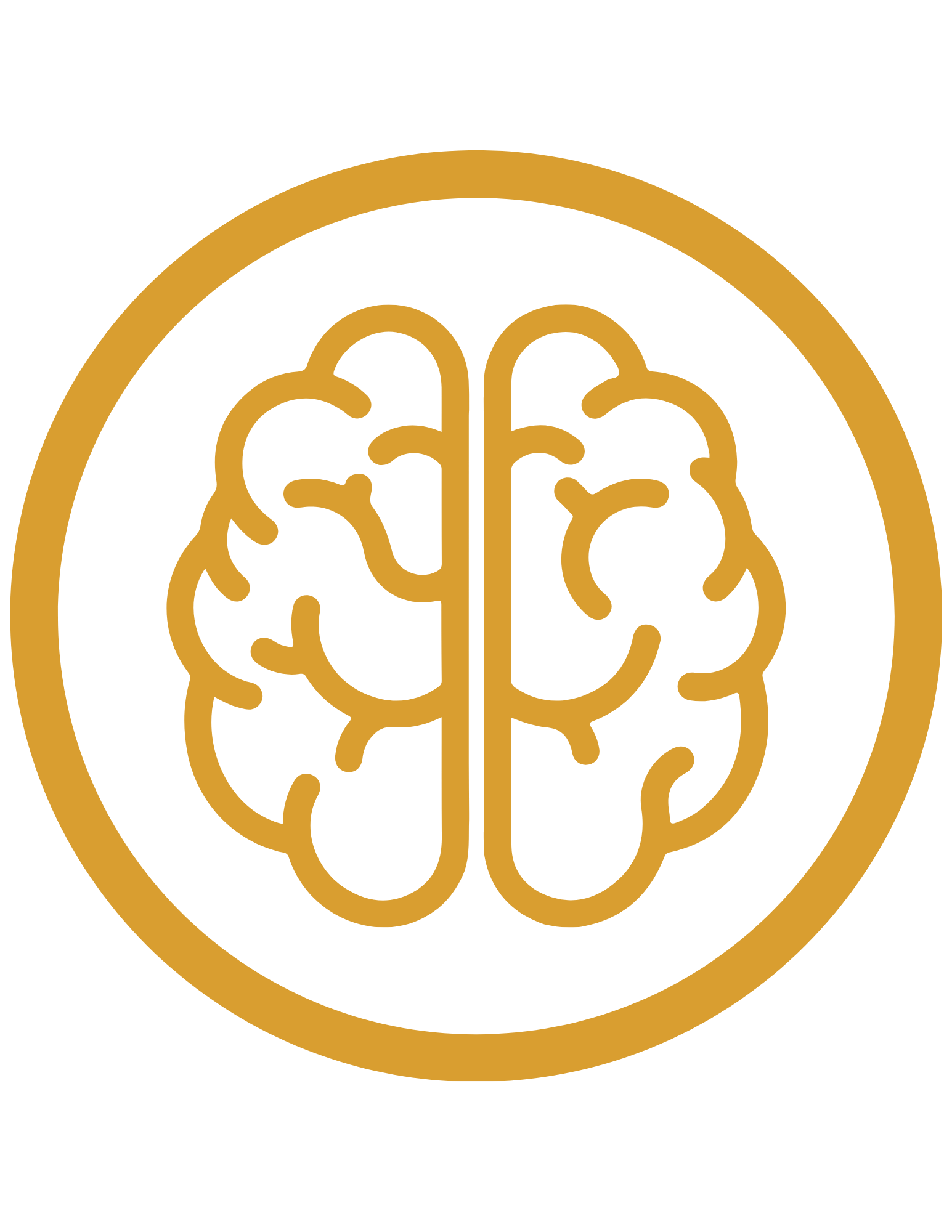 A gold and black logo featuring a stylized human brain icon within a circular border.
