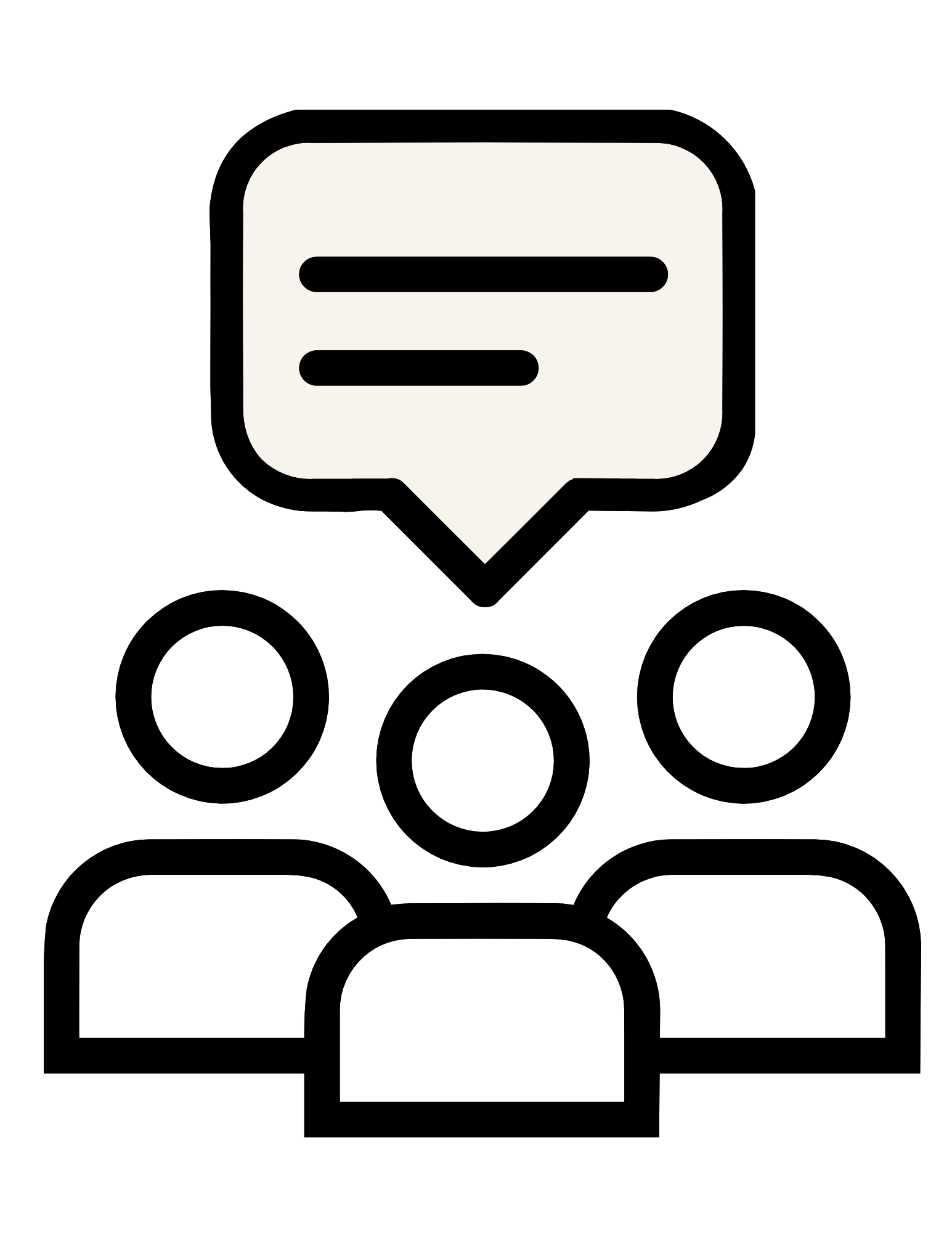 Black background with white silhouettes of a person and five circles, with a speech bubble containing lines indicating text.