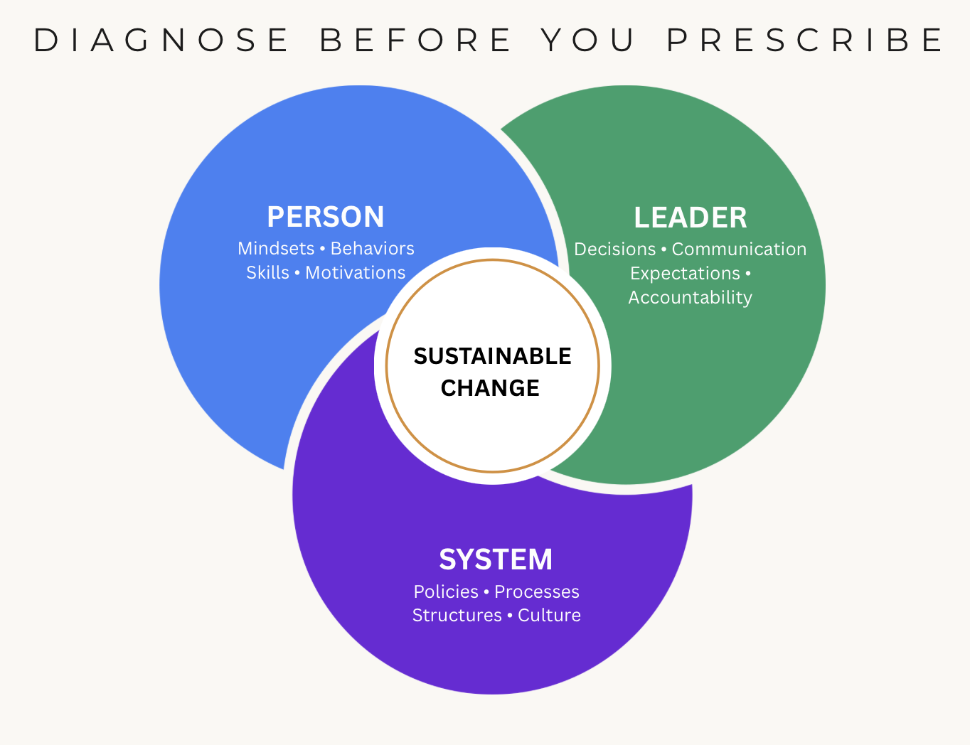 Venn diagram titled 'Diagnose Before You Prescribe' showing three intersecting circles labeled 'Person' (blue), 'System' (purple), and 'Leader' (green). The 'Person' circle includes mindsets, behaviors, skills, motivations. The 'System' circle includes policies, processes, structures, culture. The 'Leader' circle includes decisions, communication, expectations, accountability. The intersection in the center labeled 'Sustainable Change'.