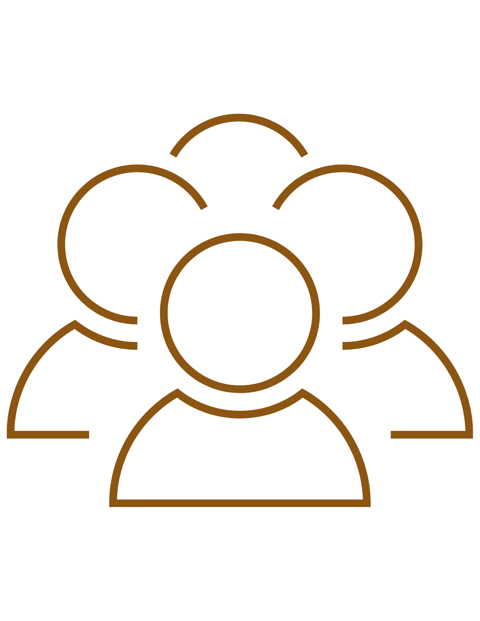 Outline drawing of five human figures connected, symbolizing community or teamwork, with a minimalist style and brown lines on a black background.