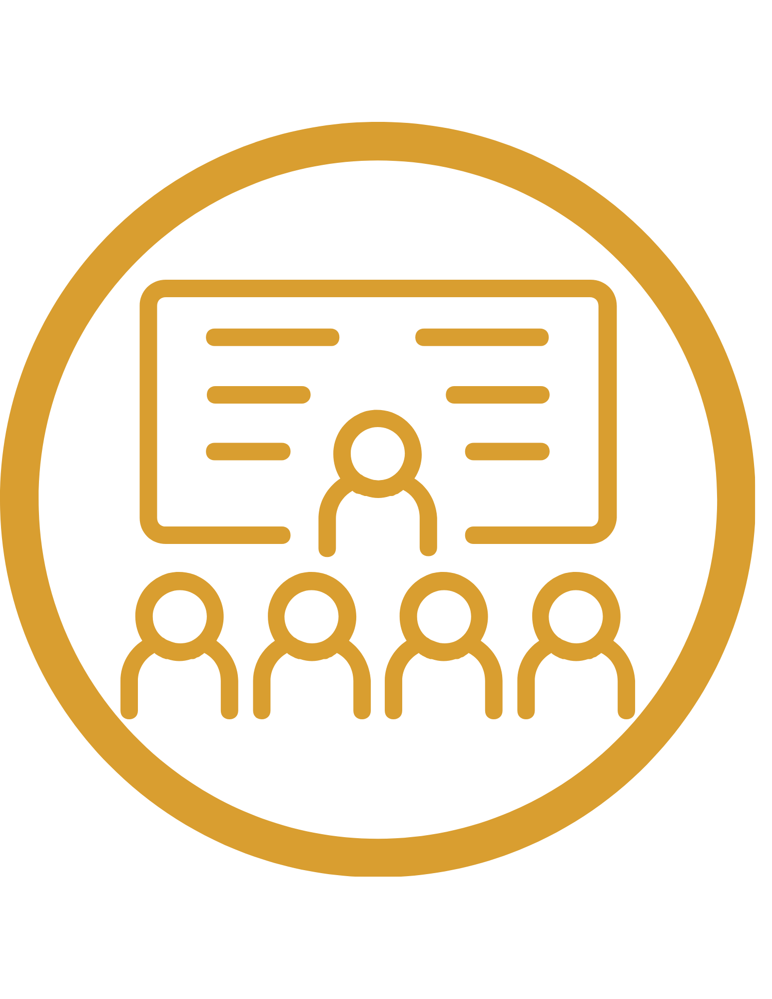 Gold outlined icon of a person speaking in front of a group of six people with a presentation screen.