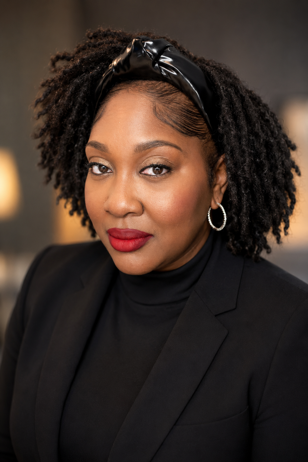 A woman with dark curly hair wearing a black headband, red lipstick, hoop earrings, and a black blazer with a black turtleneck, looking at the camera with a confident expression.