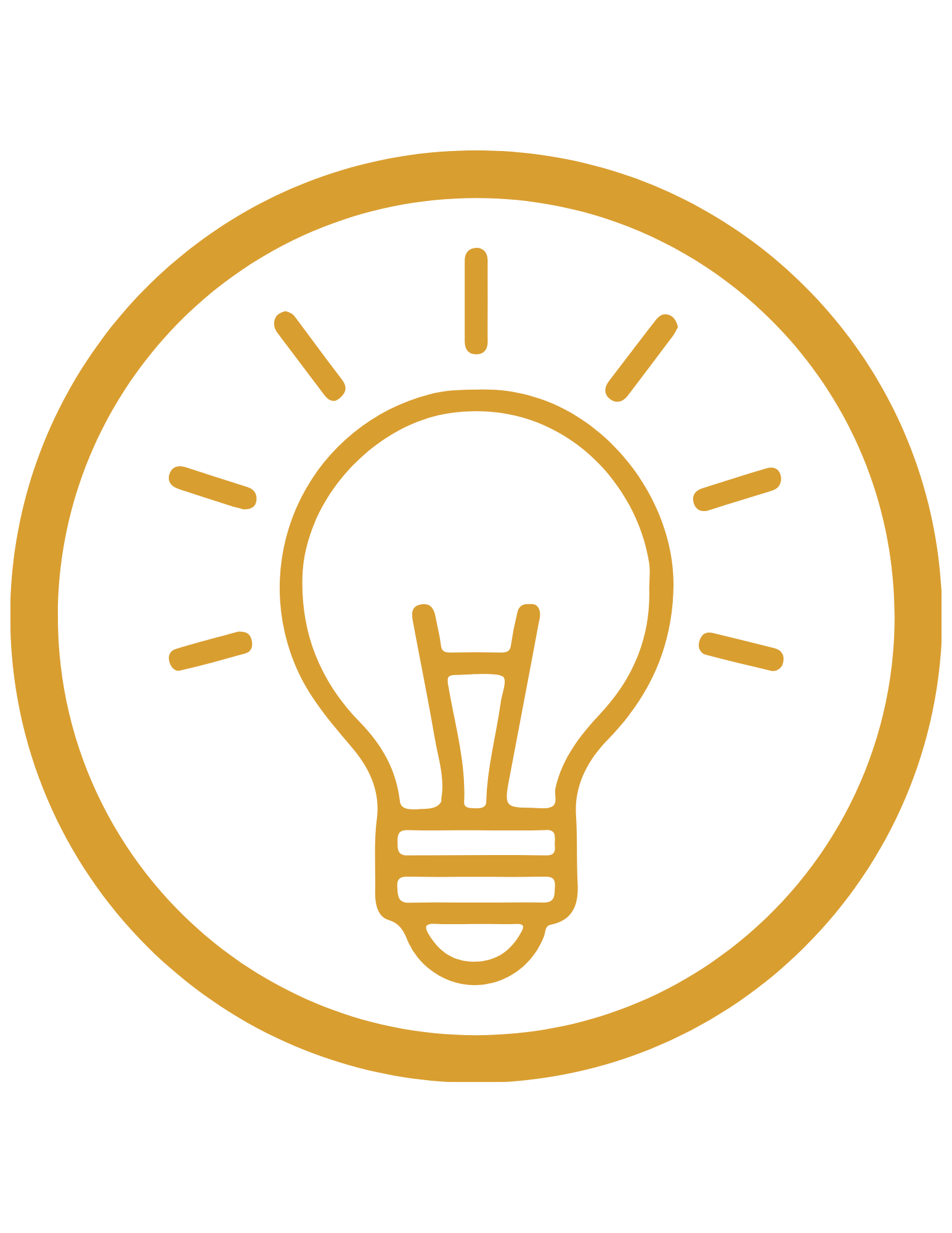 Gold outline of a light bulb within a circular border.