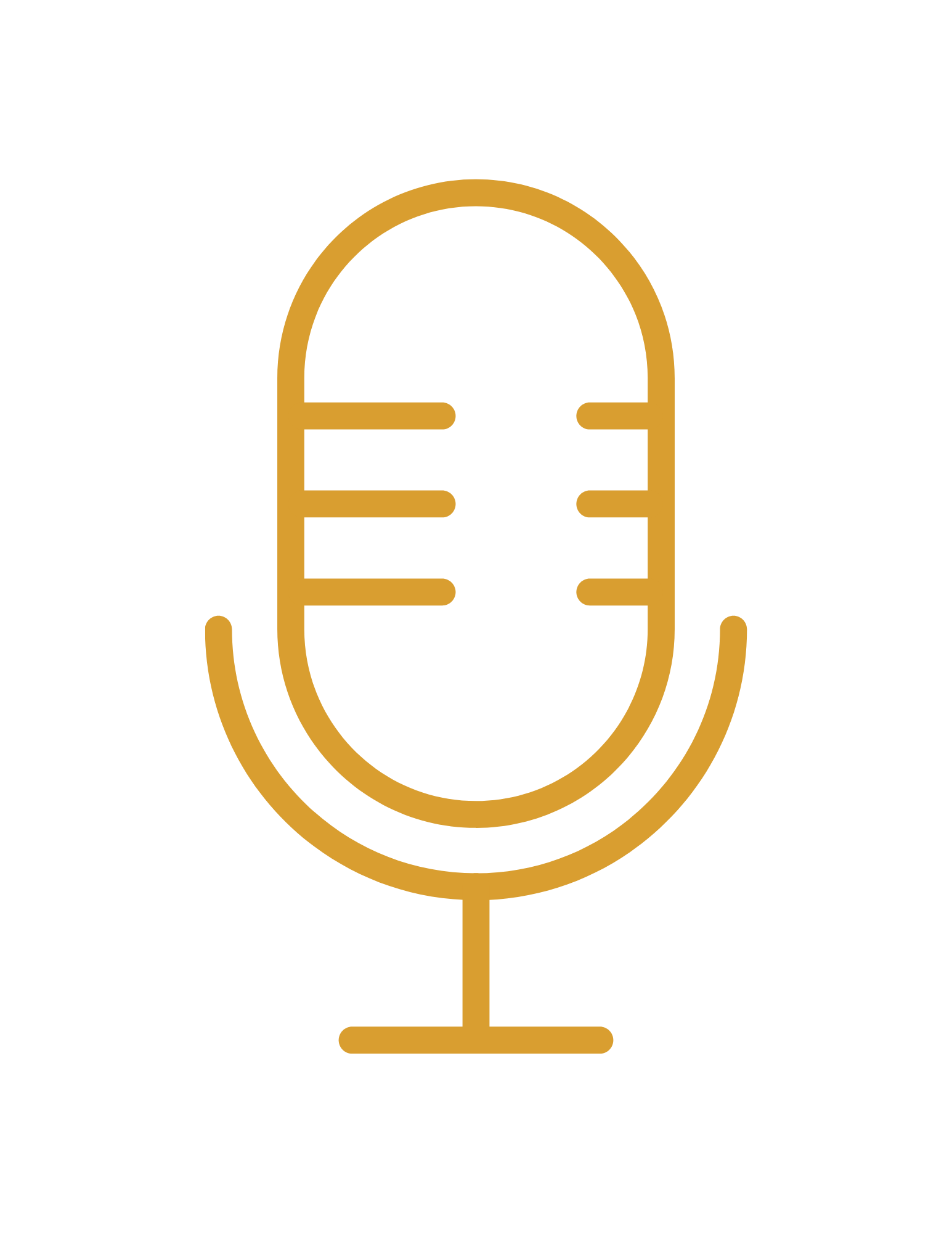 Stylized illustration of a microphone with a gold outline on a black background.