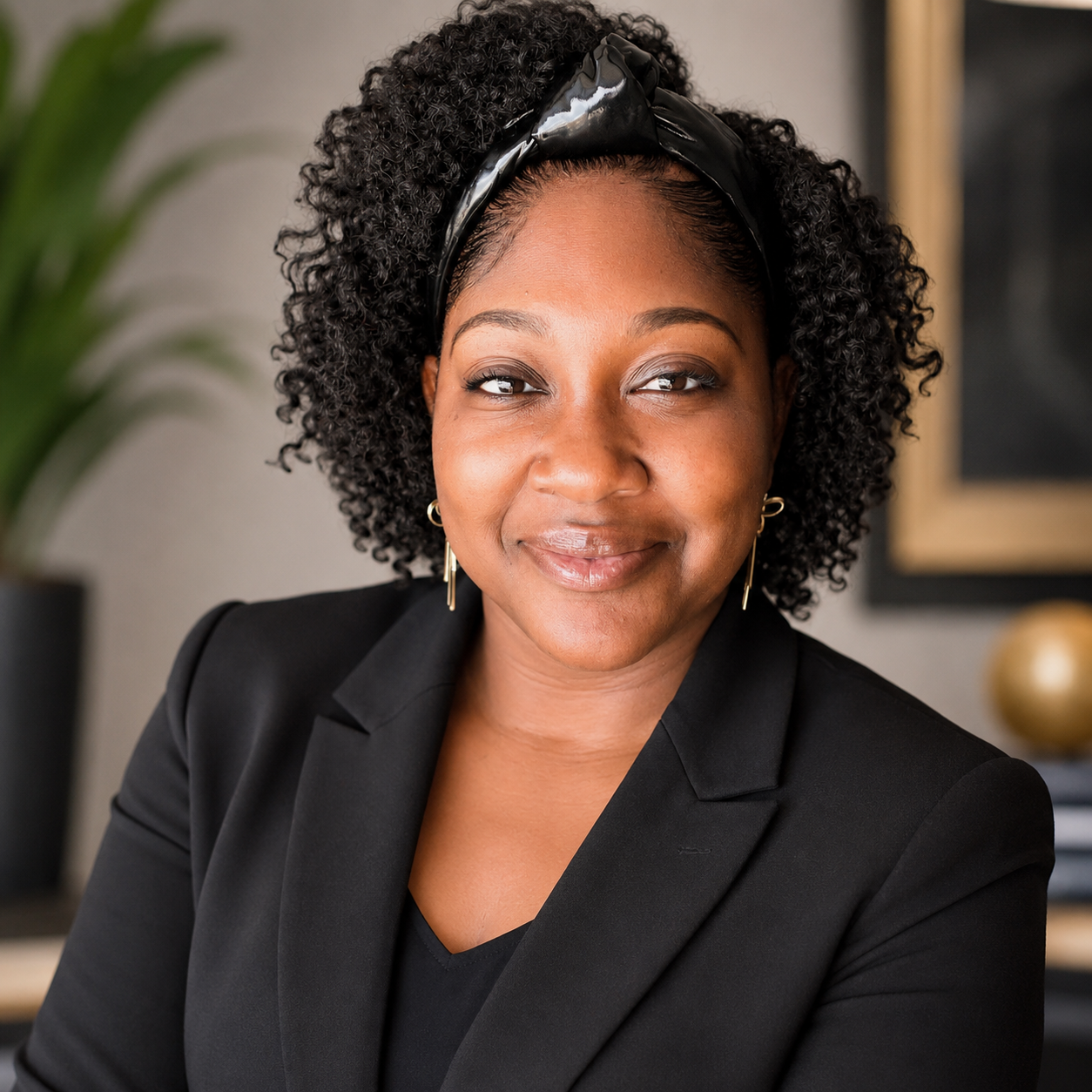 A professional woman with curly black hair, wearing a black blazer and gold jewelry, smiling and looking at the camera in an office setting.
