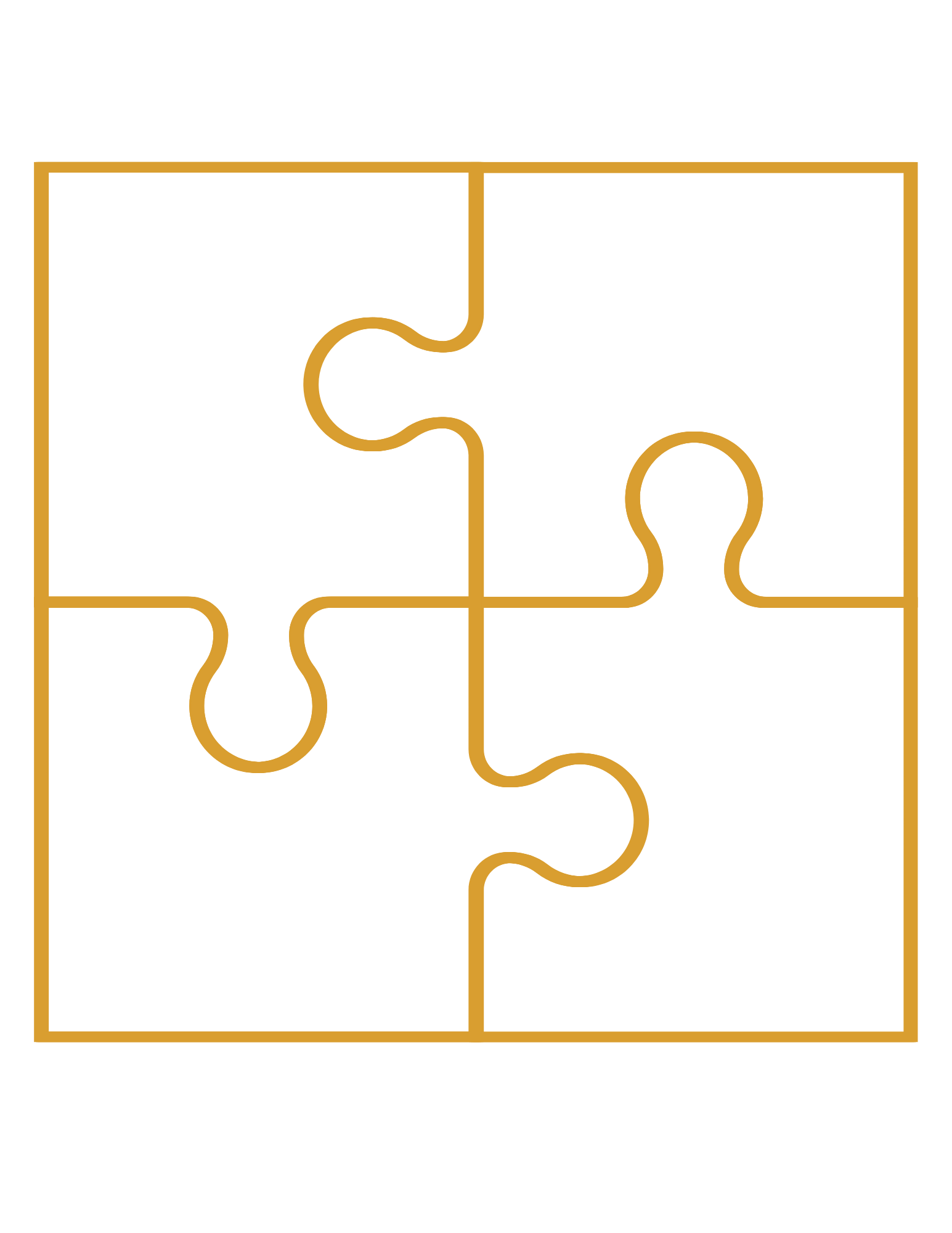 An illustration of a jigsaw puzzle with a gold outline and black background, showing two puzzle pieces fitted together.
