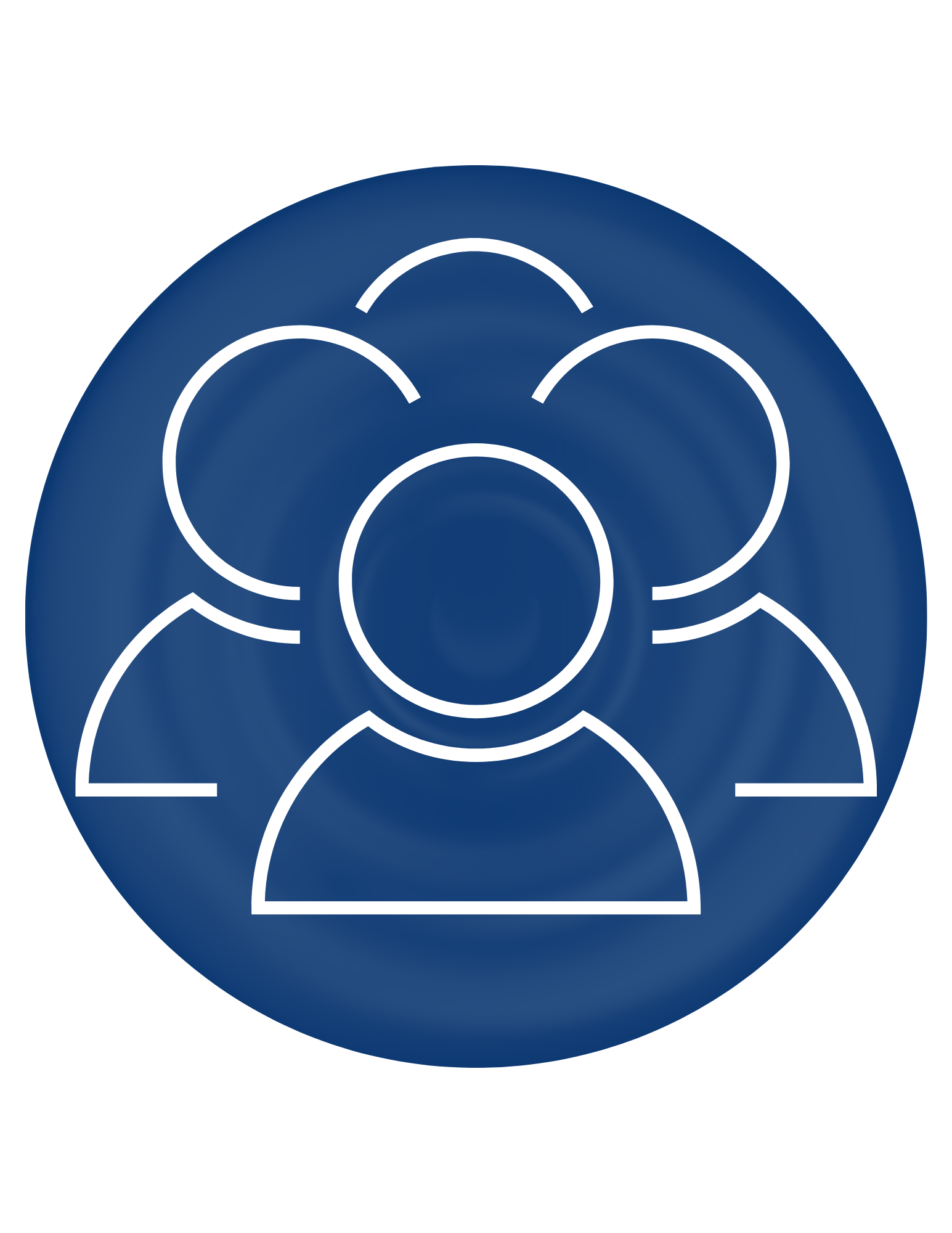 Icon of a group of four people outlined in white on a blue circular background.