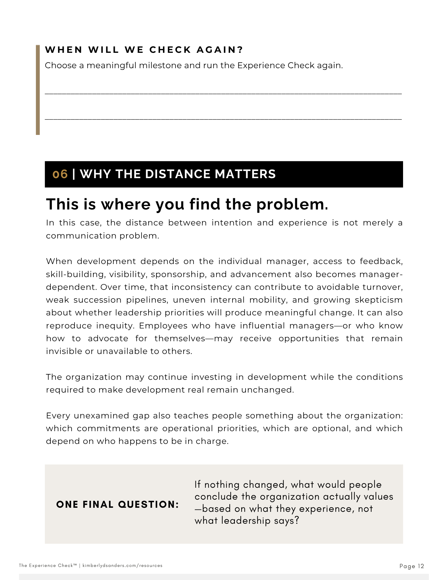 A page from a resource titled "The Experience Check" with sections discussing organizational issues such as communication problems, management, and leadership priorities. It includes a numbered section "06 | Why the Distance Matters" with a paragraph explaining the importance of understanding organizational problems and a final question prompting reflection on perceptions versus actual organizational values.