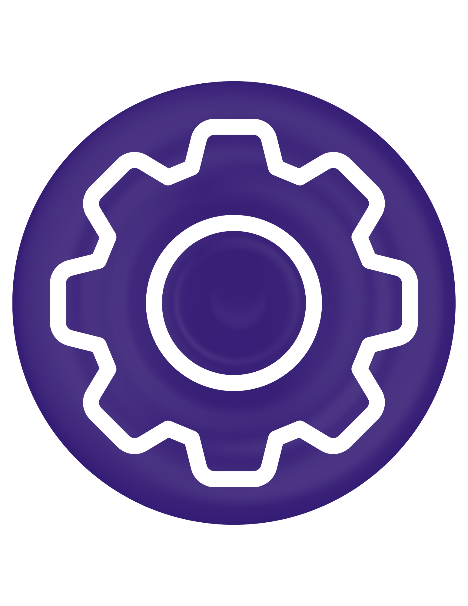 Close-up of a gear symbol in purple with a white outline, set against a white background.