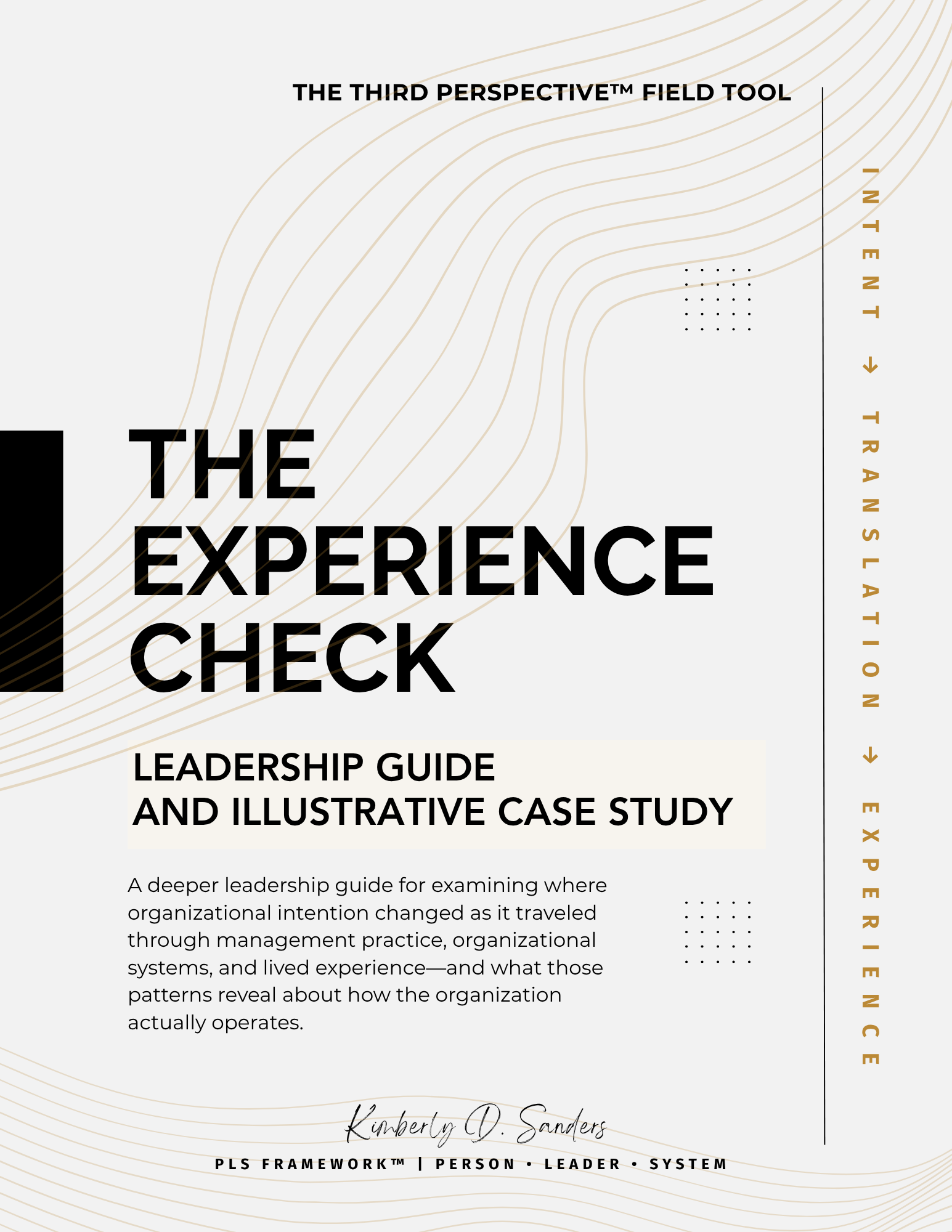 Cover page of a leadership guide titled 'The Third Perspective Field Tool' by Kimberly D. Sanders. The page features a modern design with beige and black text, and abstract line patterns in the background.