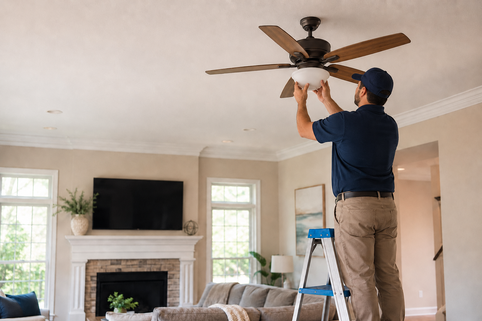 Handyman installing a ceiling fan