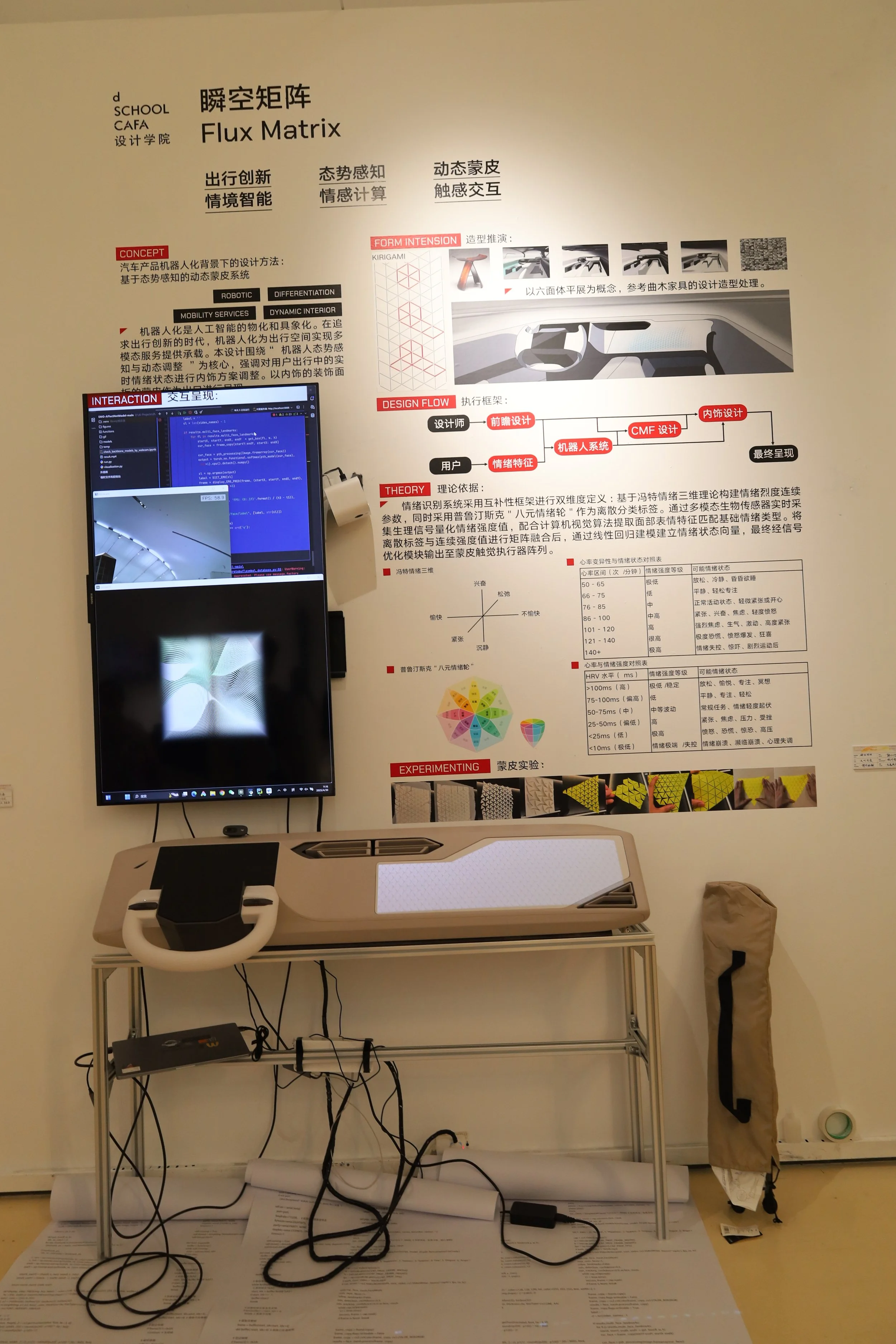 A technical poster about Flux Matrix at a school, showing diagrams, charts, and a computer screen with code, on a wall above a work table with electronic equipment and cables.