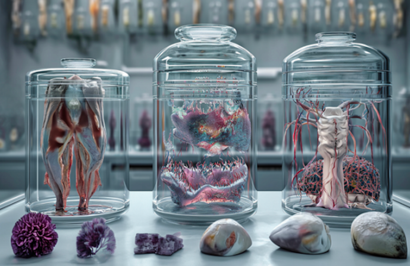 Specimens of preserved animal and plant parts in glass jars, with seashells and purple flowers in front, on a laboratory counter.