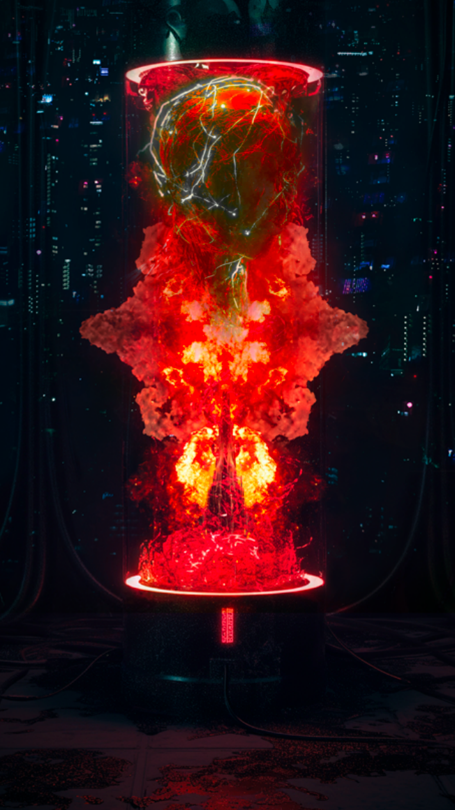 A digital art depiction of a nuclear explosion inside a cylindrical container with a human skull's outline, lightning bolts, and fiery clouds.