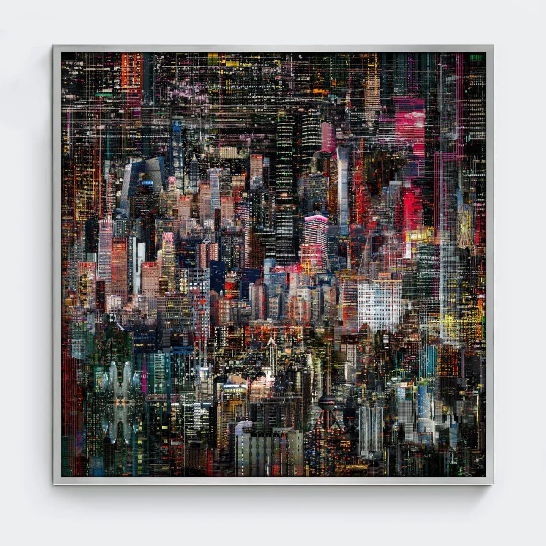 Digital art of a night cityscape with colorful, pixelated skyscrapers and bright lights.