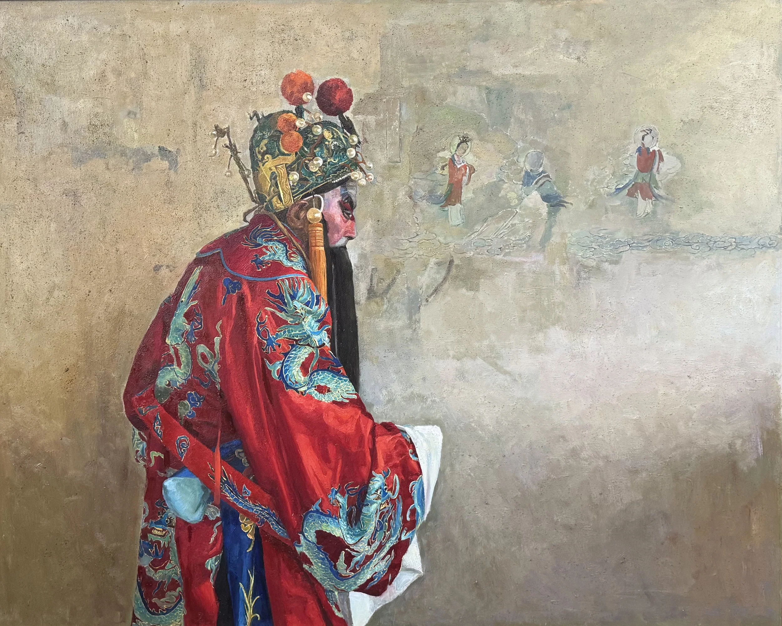Painting of a Chinese opera performer in traditional red and blue costume with elaborate headgear, sitting against a plain background with three other figures faintly sketched in the background.