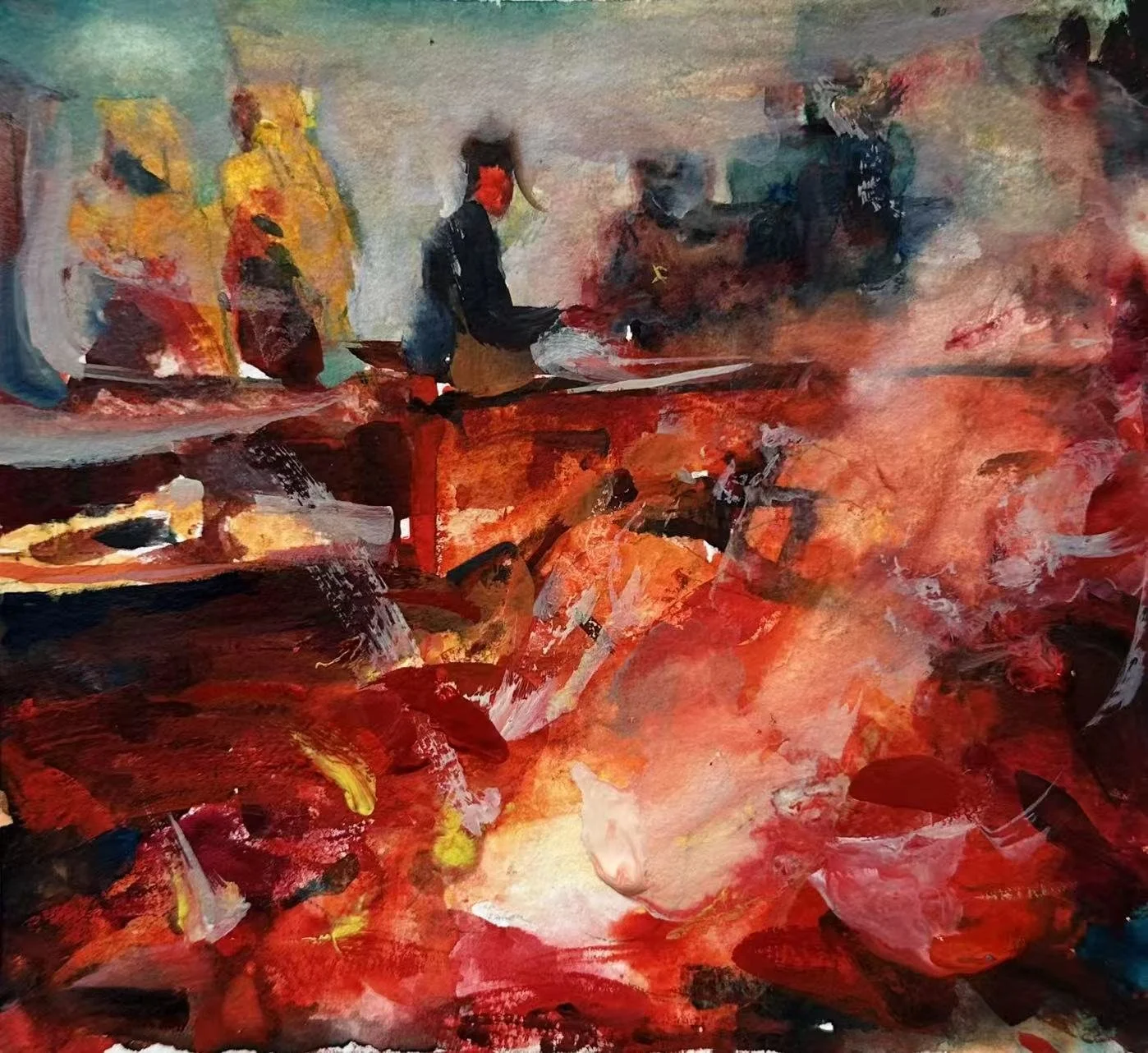 Abstract painting featuring figures and vibrant reds, oranges, and dark shades.