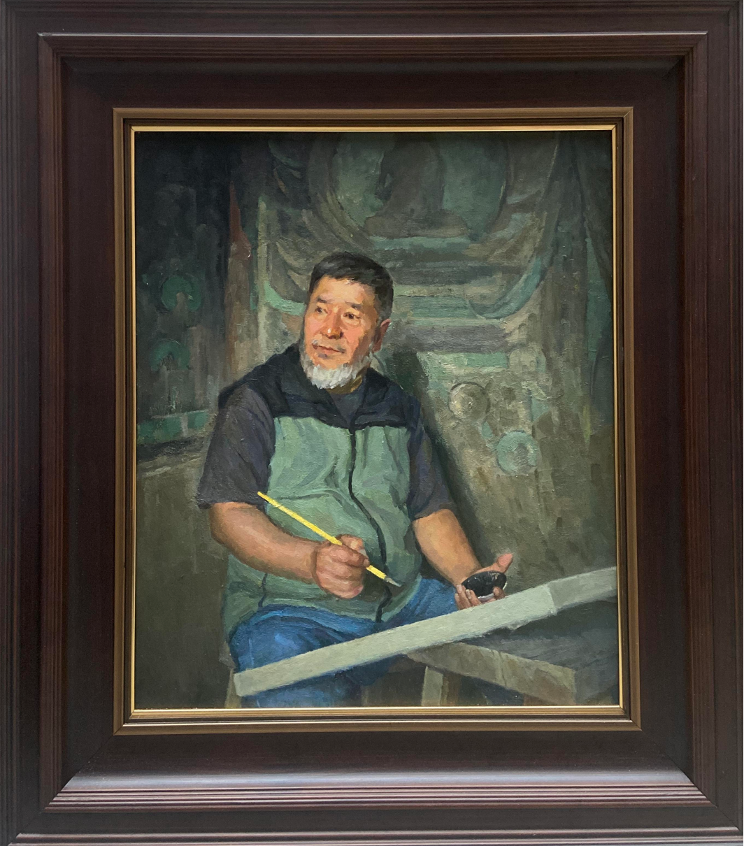 Painting of a man with a gray beard wearing a black and green vest, holding a yellow pencil in his right hand and a smartphone in his left, in a workshop or studio setting.