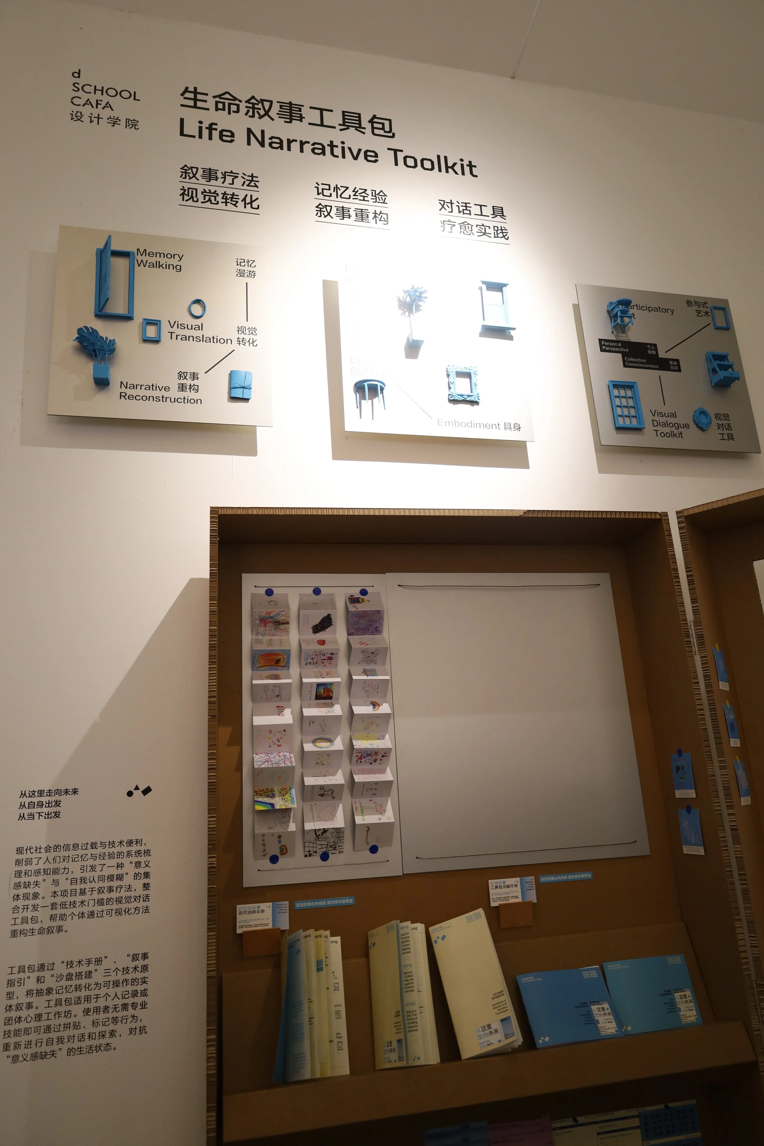 Poster titled 'Life Narrative Toolkit' with sections on memory walking, visual translation, embodiment, participation, and visual dialogue, featuring 3D objects and informational text in Chinese.