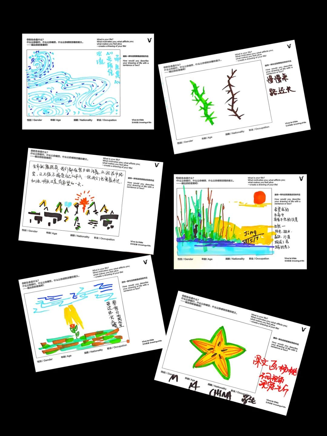Collection of six colorful children's drawings on white paper, featuring abstract patterns, trees, a sunrise, a flower, a star, and a fire, arranged on a black background.