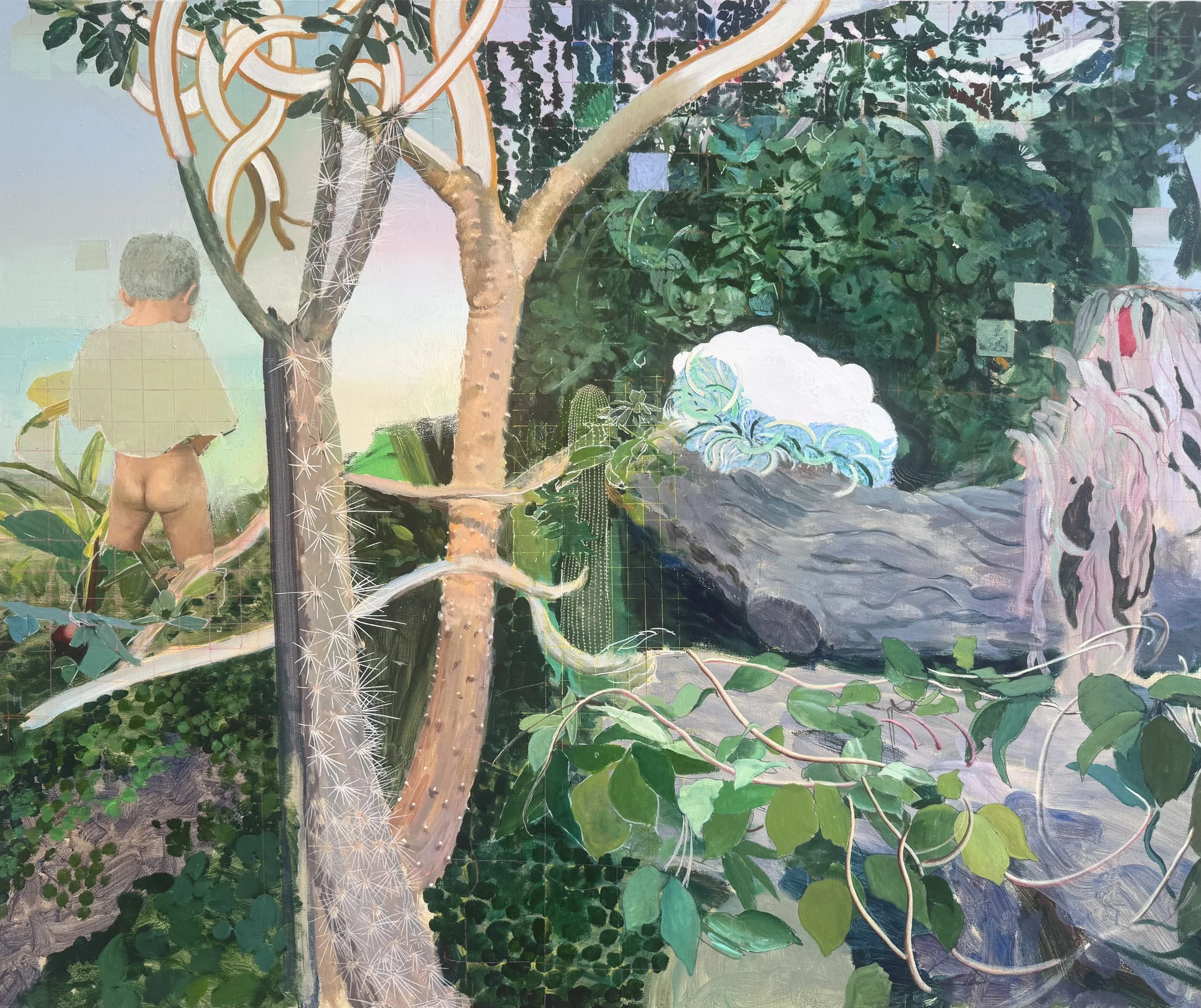 A mural featuring a child with short gray hair, viewed from the back, standing among lush green trees and foliage. The scene includes large trees with detailed bark and a mix of broad leaves, with a hint of a waterfall or stream in the background.