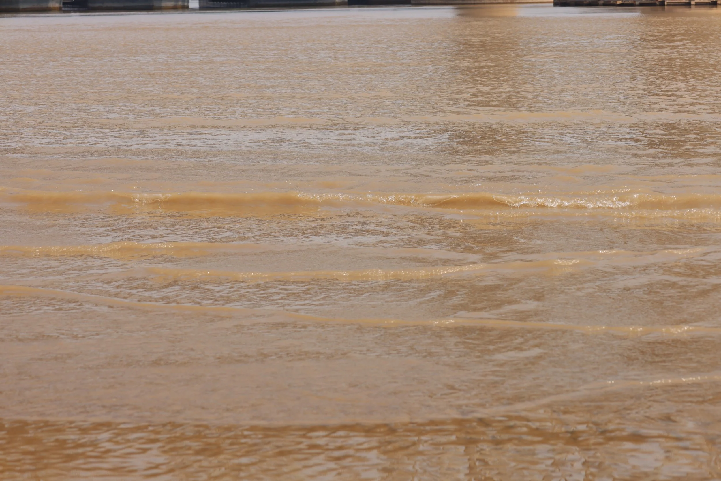 Close-up of choppy brown water with small waves and foam.