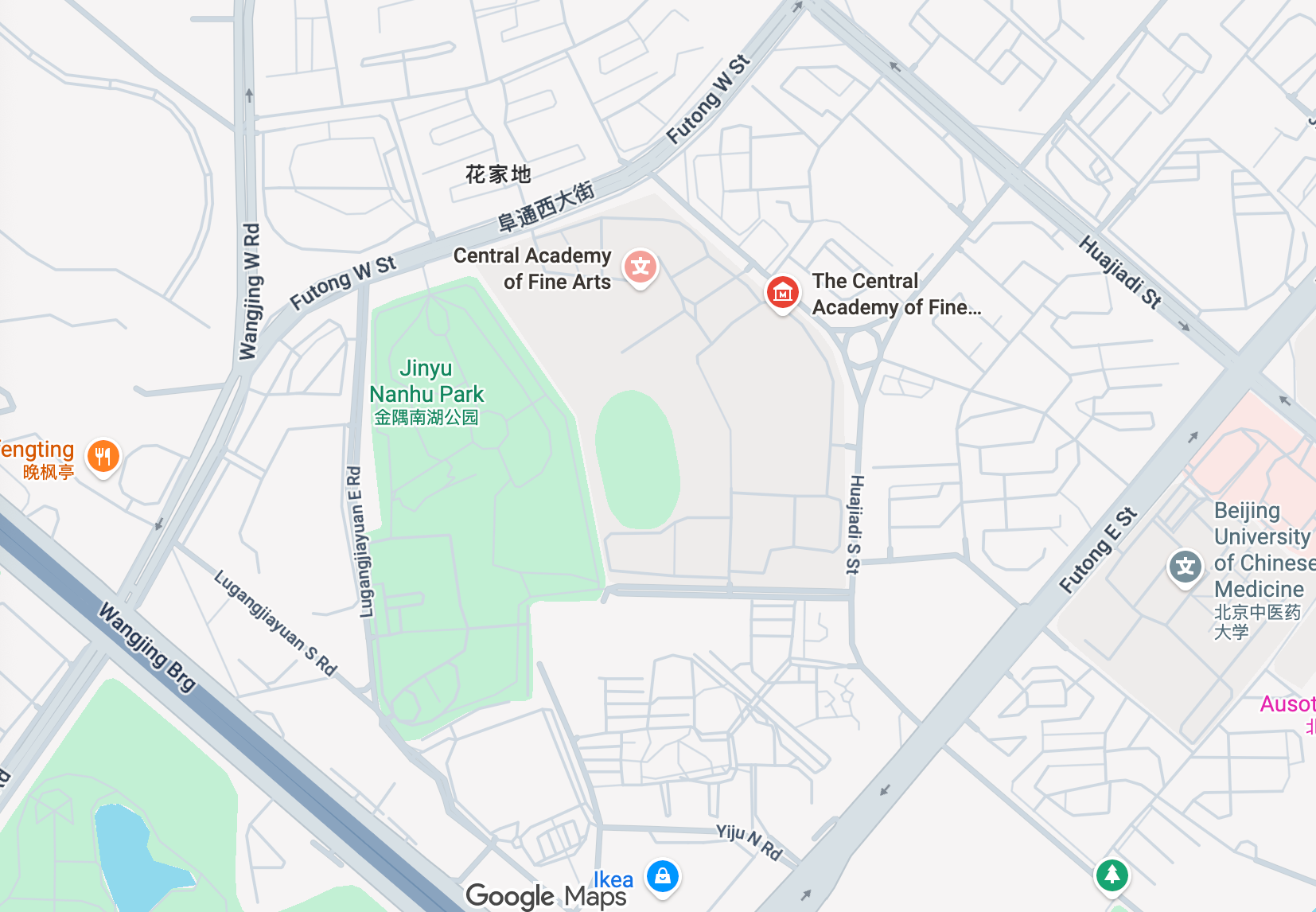 Map showing locations in an area of Beijing, China, including Jinyu Nanhu Park, Beijing University of Chinese Medicine, and the Central Academy of Fine Arts. Streets such as Futong W Street, Wangjing W Road, and Huajiadi Street are visible.